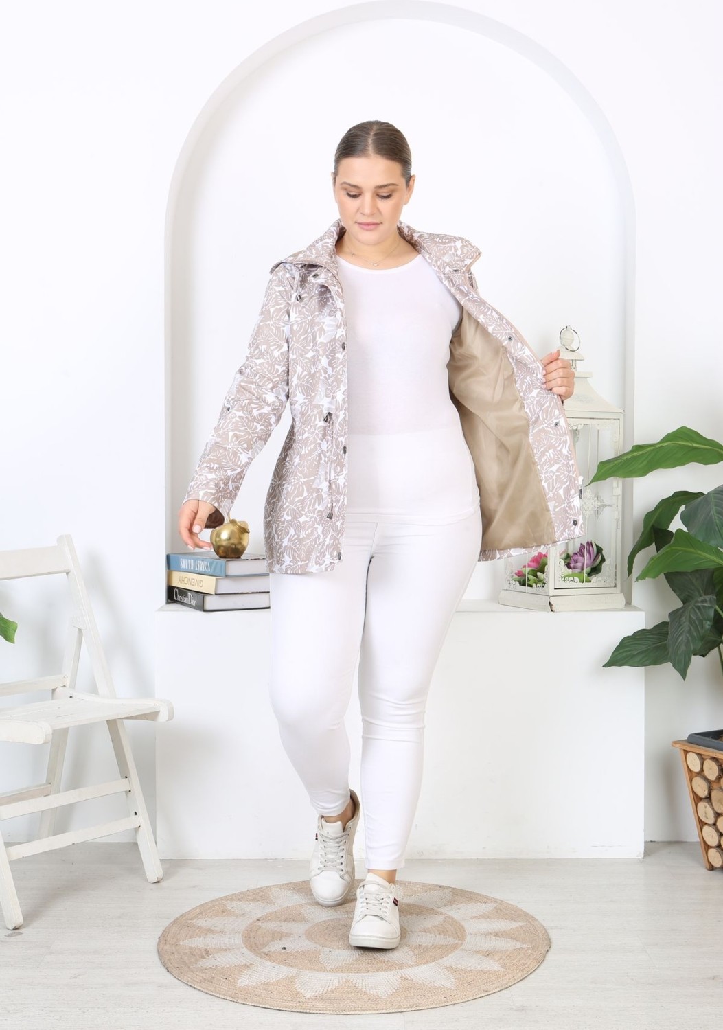 TUTveAL Collection Suya Dayanıklı Mont, Bonded Trençkot, Mevsimlik , Baskılı Mont, Desenli ,yağmurluk, Astarlı Beyaz