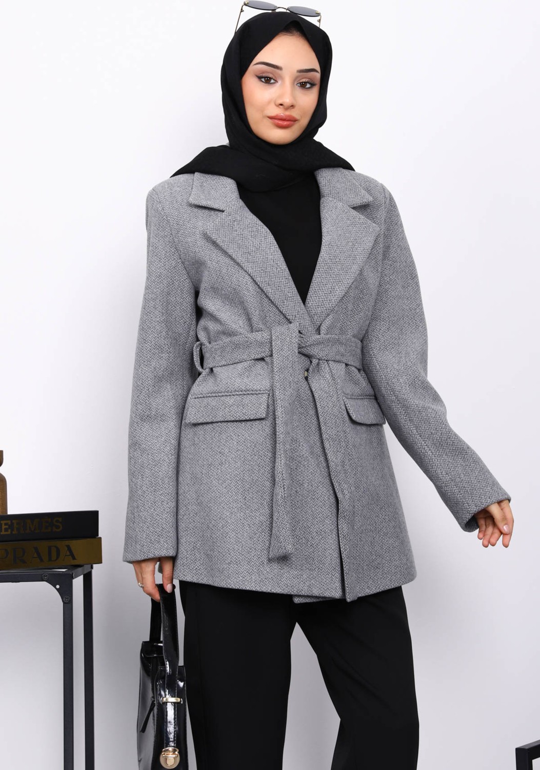 İmaj Butik Taş Kuşaklı Astarlı Kısa Kaşe Kaban görsel 3