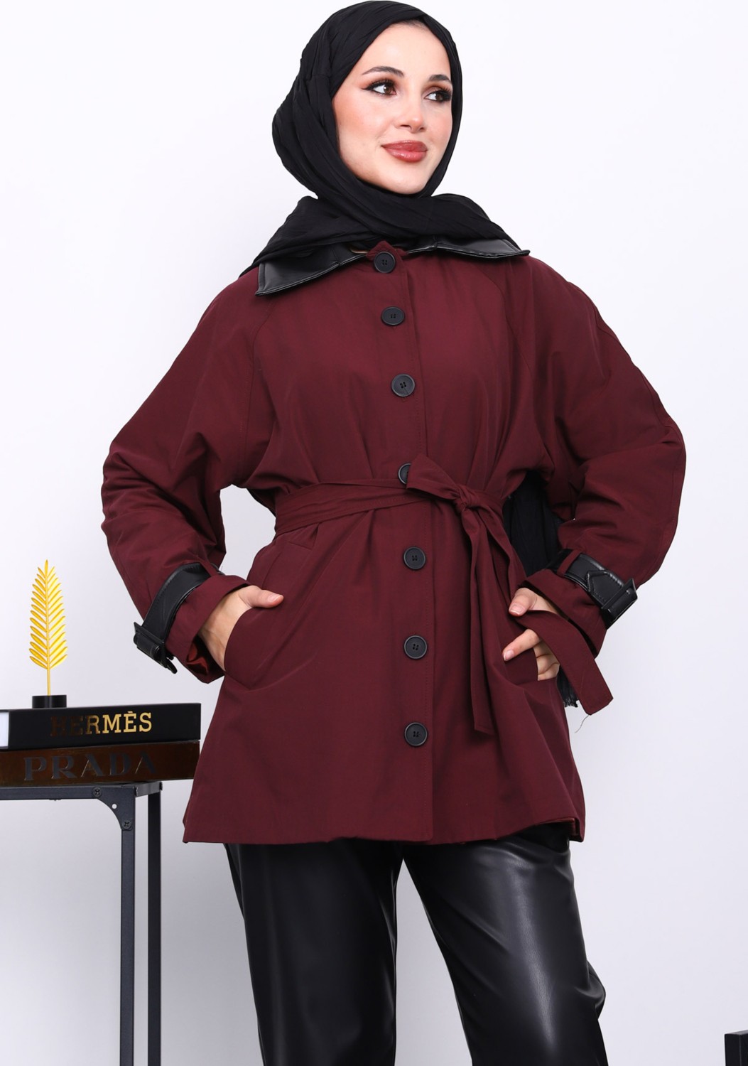 İmaj Butik Haki Deri Detaylı Kuşaklı Trençkot