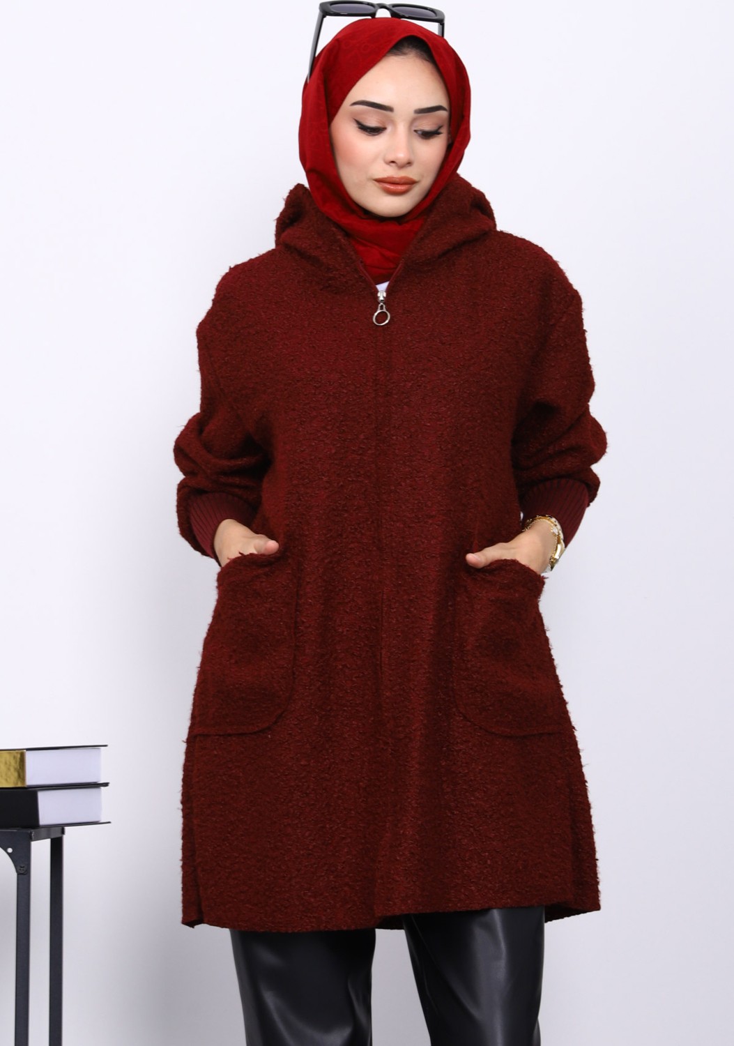 İmaj Butik Bordo Fermuarlı Cepli Buklet Kaban görsel 3