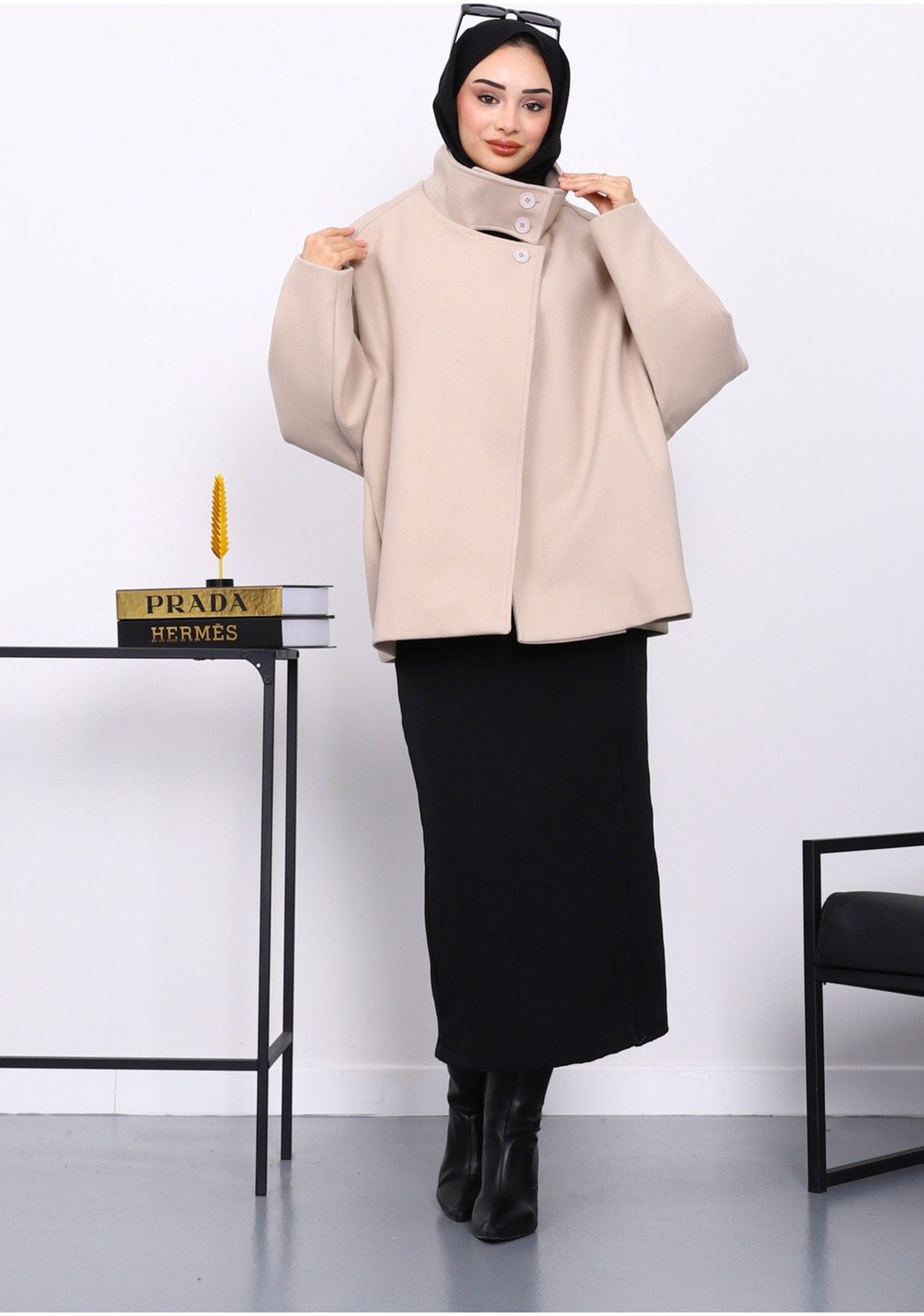 İmaj Butik Kahverengi Cepli Oversize Kaşe Kaban görsel 2