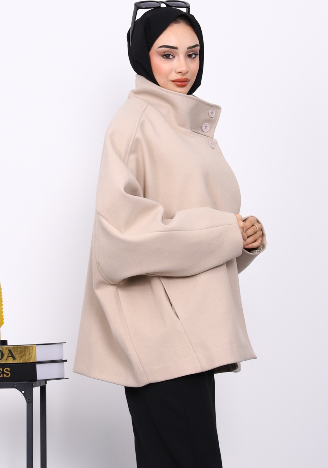İmaj Butik Kahverengi Cepli Oversize Kaşe Kaban görsel 3