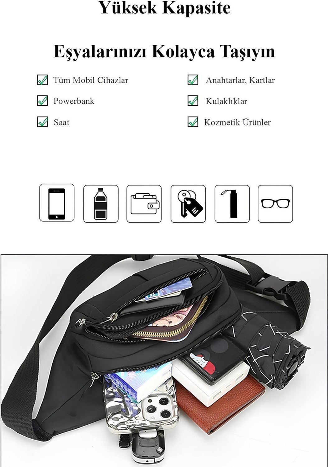Avca Siyah Unisex Suya Dayanıklı Çapraz Askılı Omuz Bel Çanta Günlük Yürüyüş Koşu Outdoor Çanta görsel 2