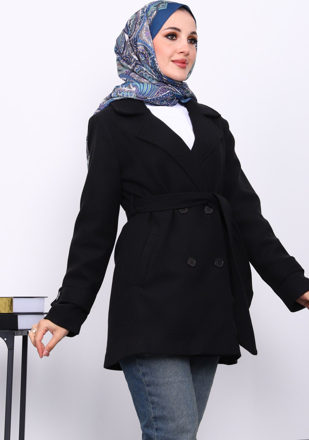 İmaj Butik Siyah Kruvaze Yaka Çift Düğmeli Kaşe Kaban görsel 7
