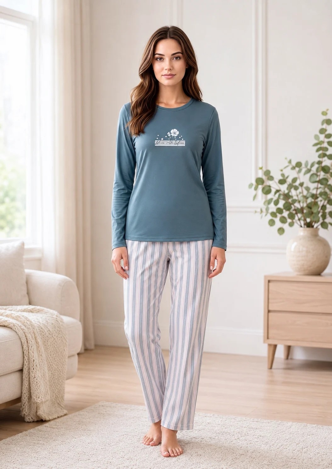 Flz Kadın Kışlık Viskon Pijama Takımı Uzun Kollu Çizgili Pantolon Rahat Kalıp M L Xl Xxl 89-162 görsel 7