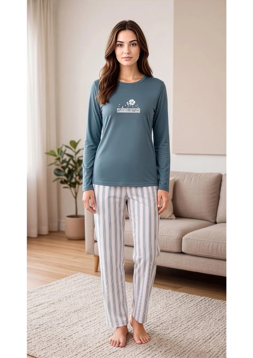 Flz Kadın Kışlık Viskon Pijama Takımı Uzun Kollu Çizgili Pantolon Rahat Kalıp M L Xl Xxl 89-162 görsel 8