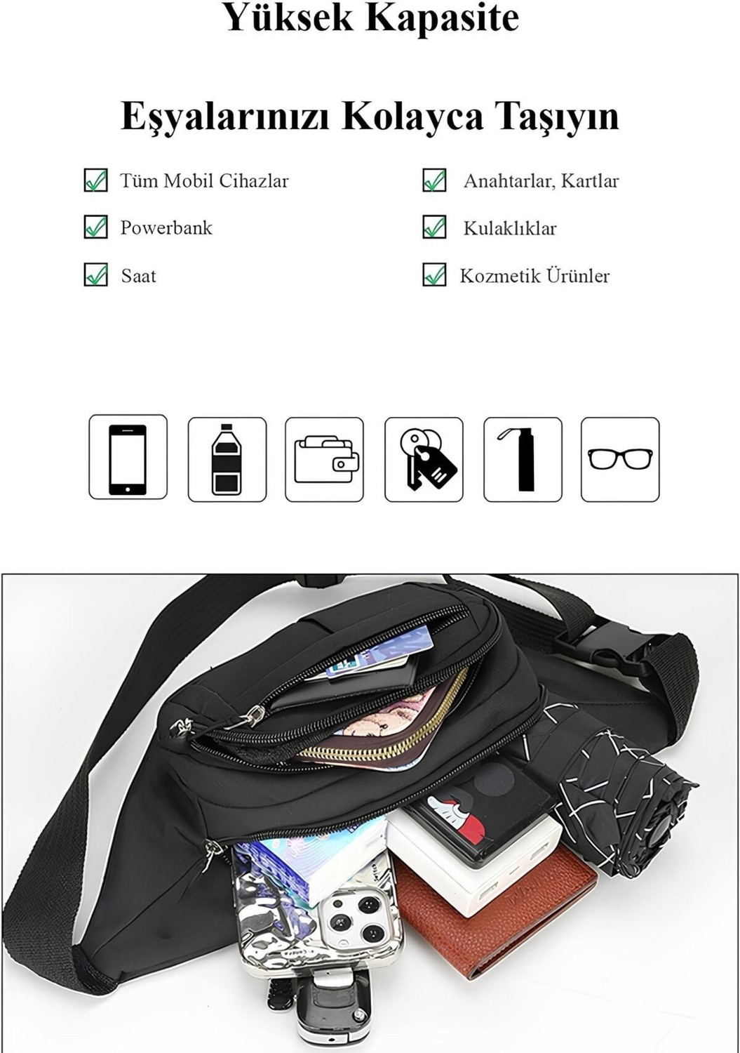 Av A Dos Siyah Unisex Suya Dayanıklı Çapraz Askılı Omuz Bel Çanta Günlük Yürüyüş Koşu Outdoor Çanta görsel 4