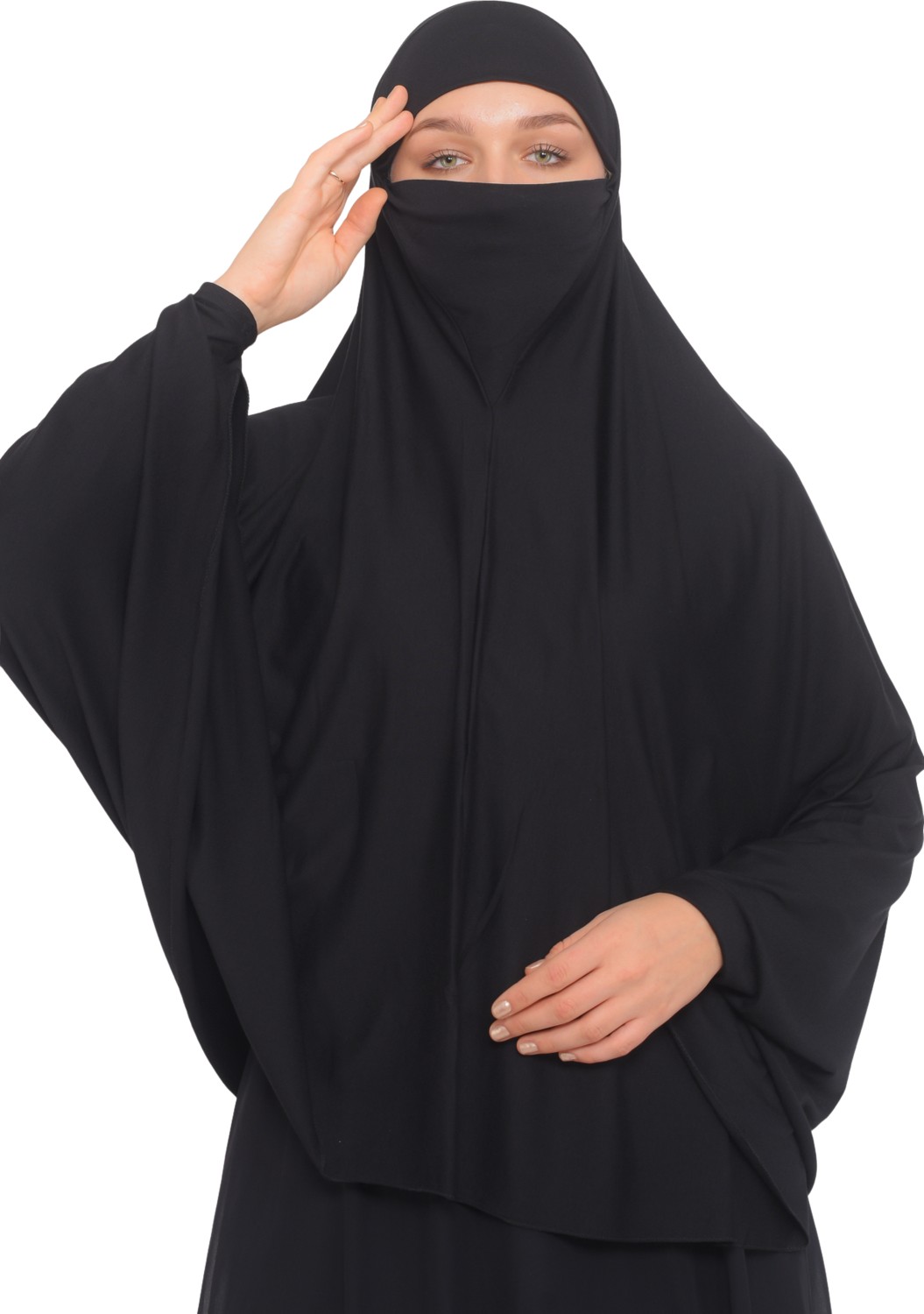 Altobeh Kollu Sufle Çarşaf Üstü Peçeli Pratik Tesettür Hijab - Nikaplı Namaz Örtüsü - Siyah görsel 2