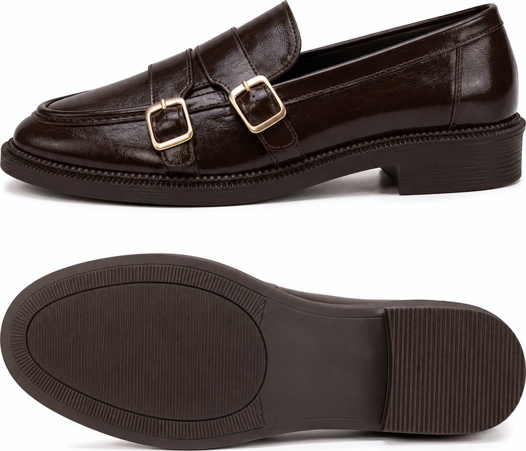 Patron Shoes Kadın Çift Tokalı Loafer Ayakkabı, Parlak Görünümlü Günlük Klasik Model görsel 7