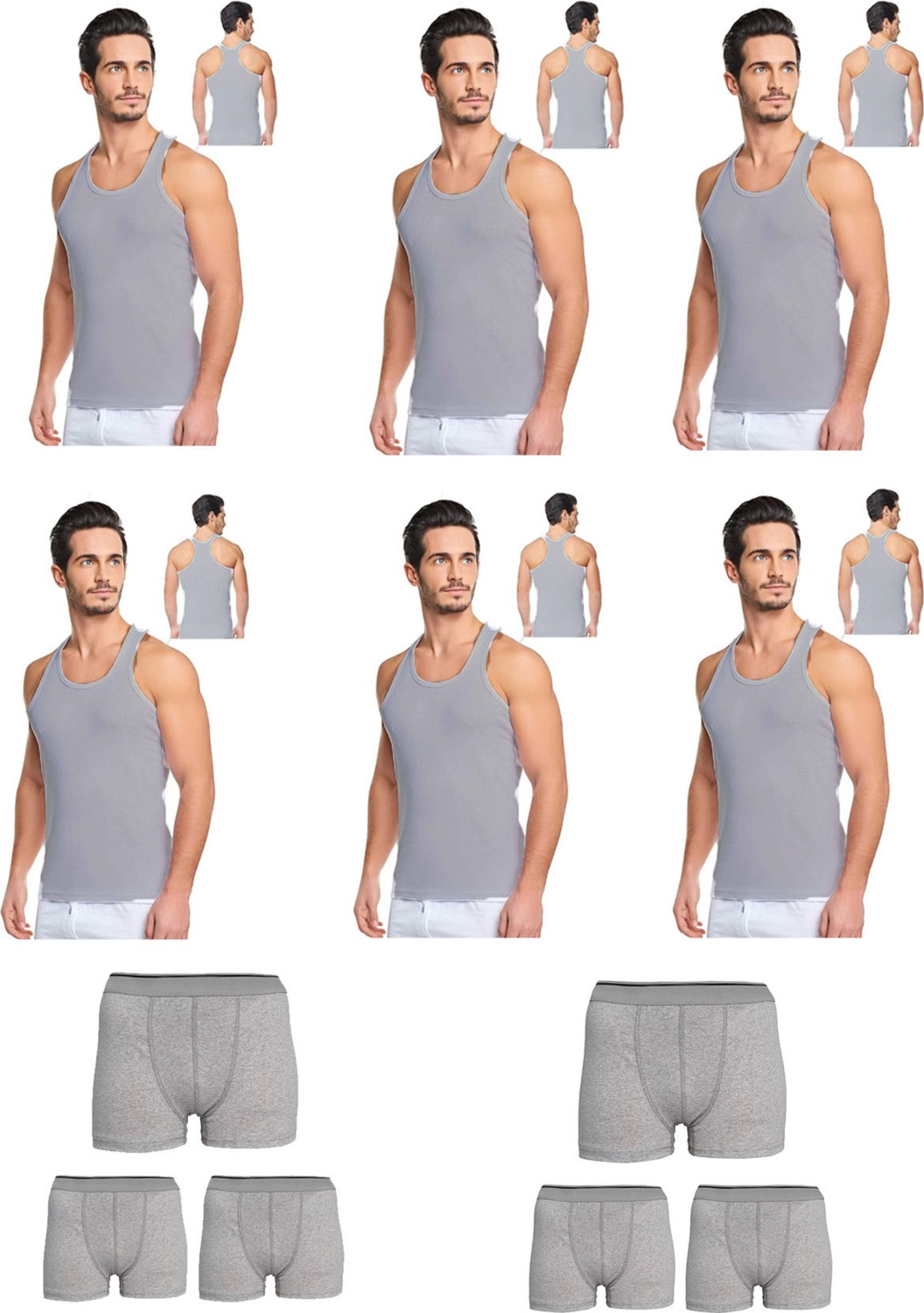 Belifanti Collection Erkek Pamuklu 6'lı Siyah Sporcu Atlet ve 6'lı Gri Boxer 12 Parça Set