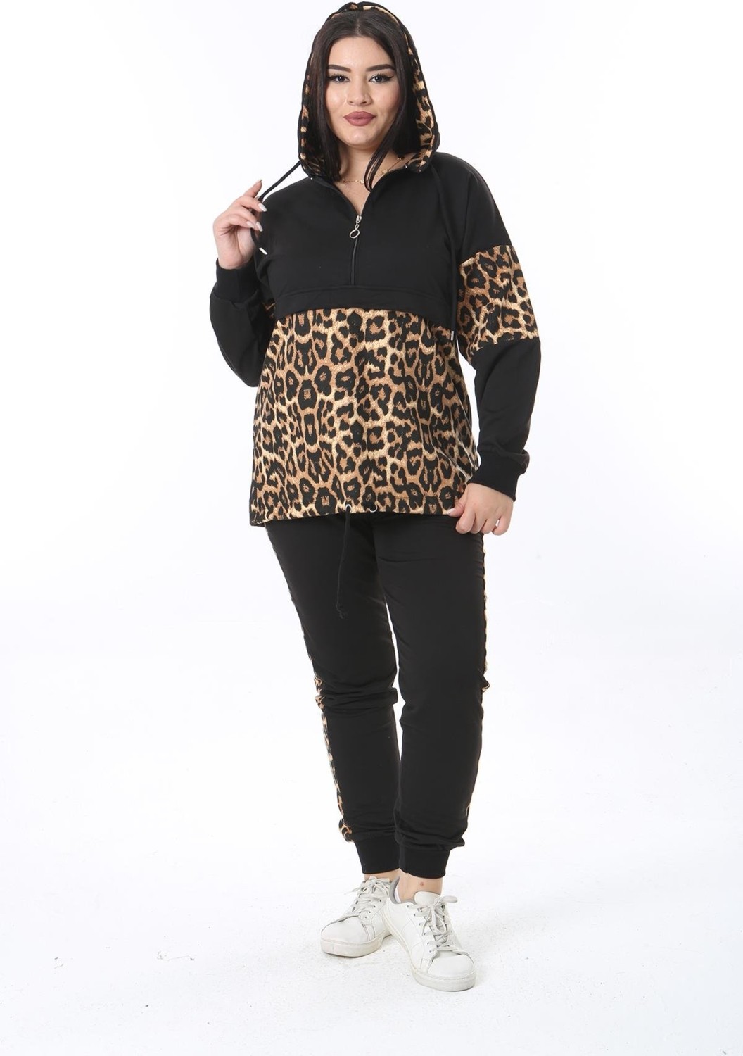 Şans Kadın Büyük Beden Leo Leopar Garnili Sweatshirt Pantolon Ikili Takım 65N38375 görsel 2