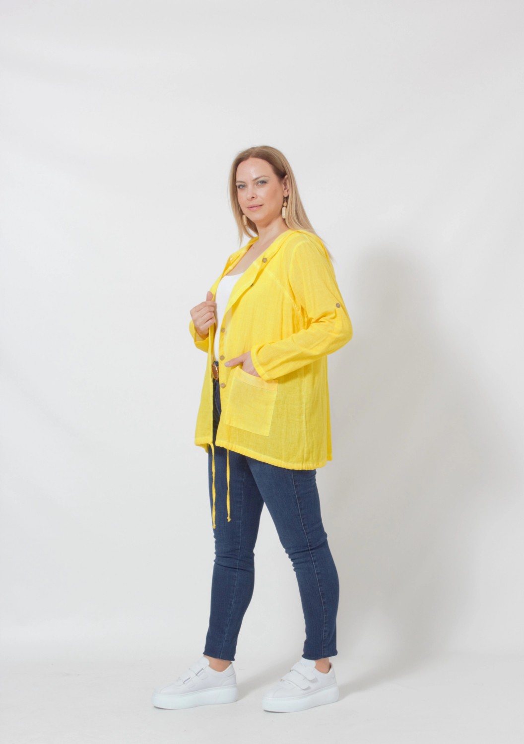 Moda Berray B027 Cebi Pullu Kapüşonlu Gömlek Sarı görsel 2