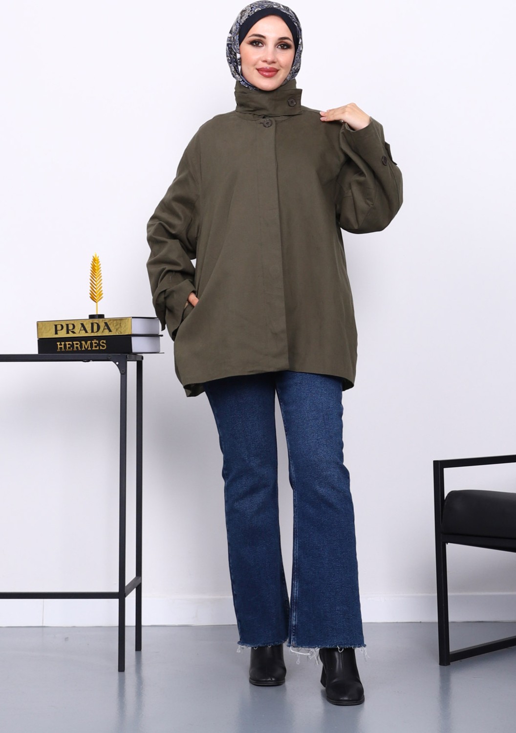 İmaj Butik Haki Düğmeli Astarlı Gabardin Ceket görsel 6