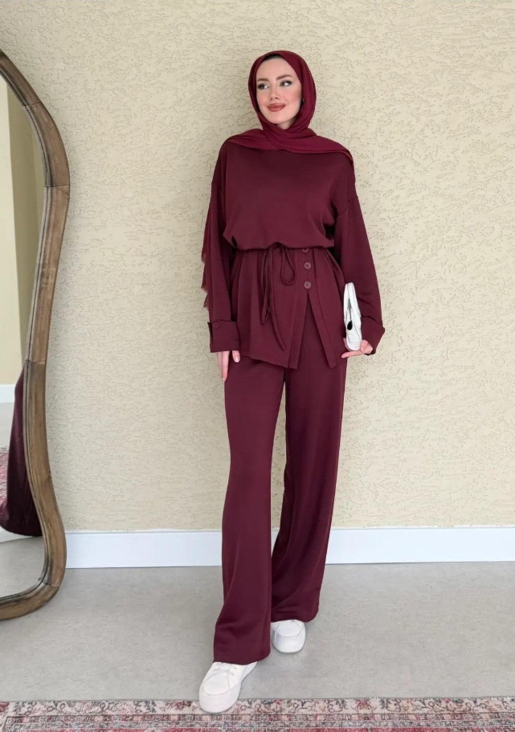 Molly Nelly Kadın Salaş Eteği Düğmeli Bluz Pantolon Takım