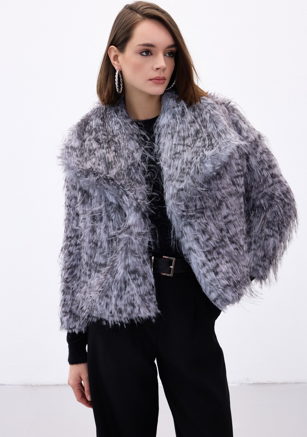 Sateen Leopar Desenli Kürk - Gri görsel 2