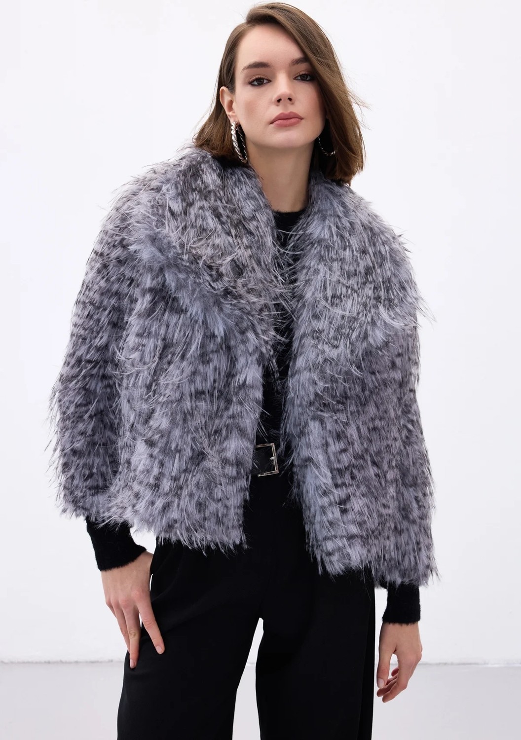 Sateen Leopar Desenli Kürk - Gri görsel 3