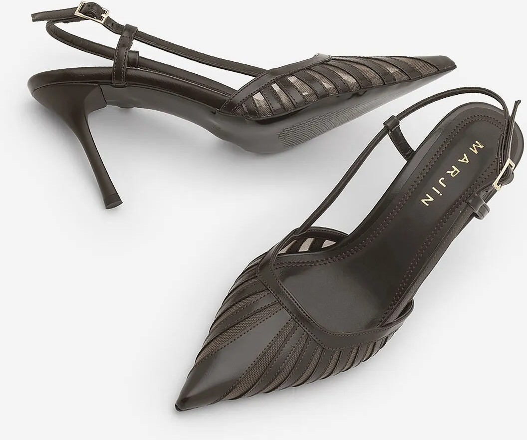 Marjin Kadın Stiletto Sivri Burun Arkadan Bantlı Şerit Detaylı Fileli Klasik Topuklu Ayakkabı Sivon Kahve görsel 8