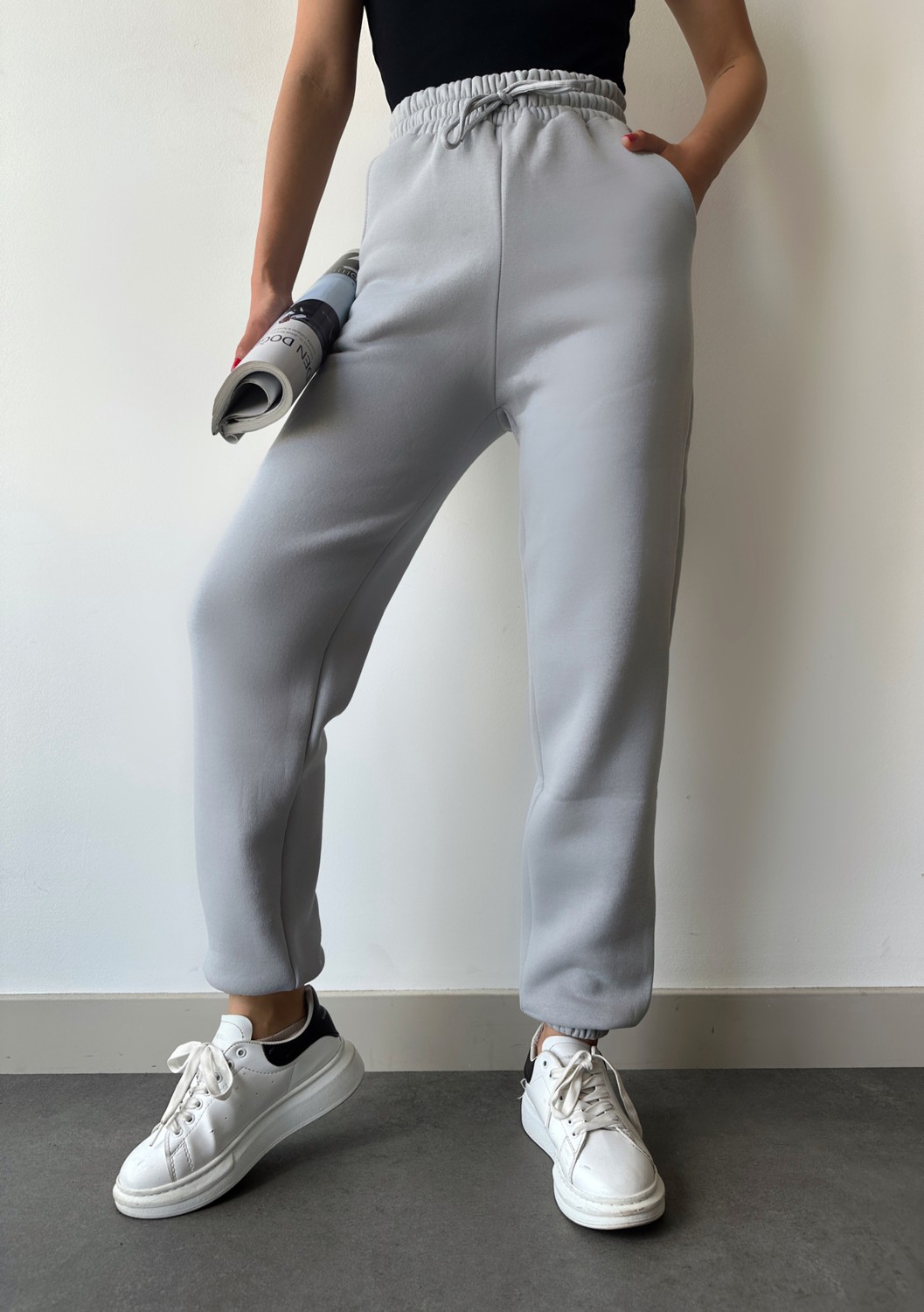 Schlank Kadın Beyaz Kışlık Kalın Içi Polarlı Yüksek Bel Paçası Lastikli Basic Jogger Eşofman Altı