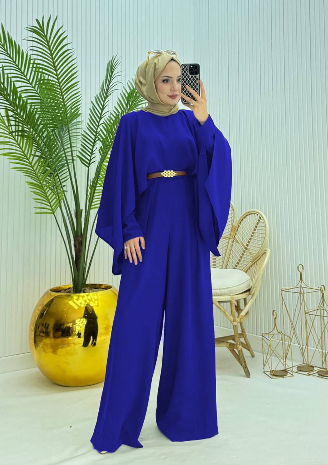 Neşeli Butik Kadın Pelerinli Kemer Detaylı Kahverengi Tesettür Tulum %100 Polyester Şık Tasarım NMS061
