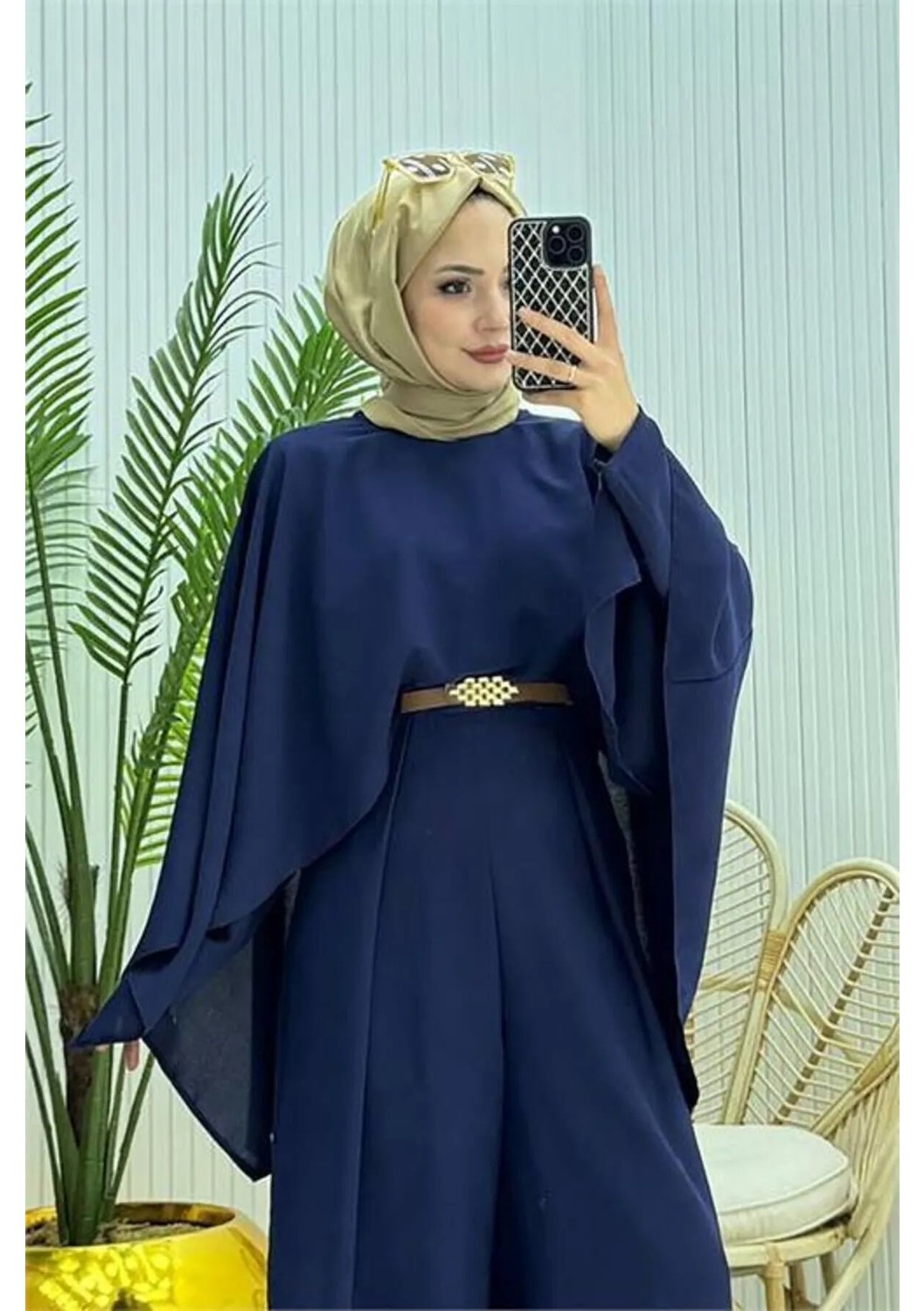 Neşeli Butik Kadın Pelerinli Kemer Detaylı Kahverengi Tesettür Tulum %100 Polyester Şık Tasarım NMS061 görsel 8