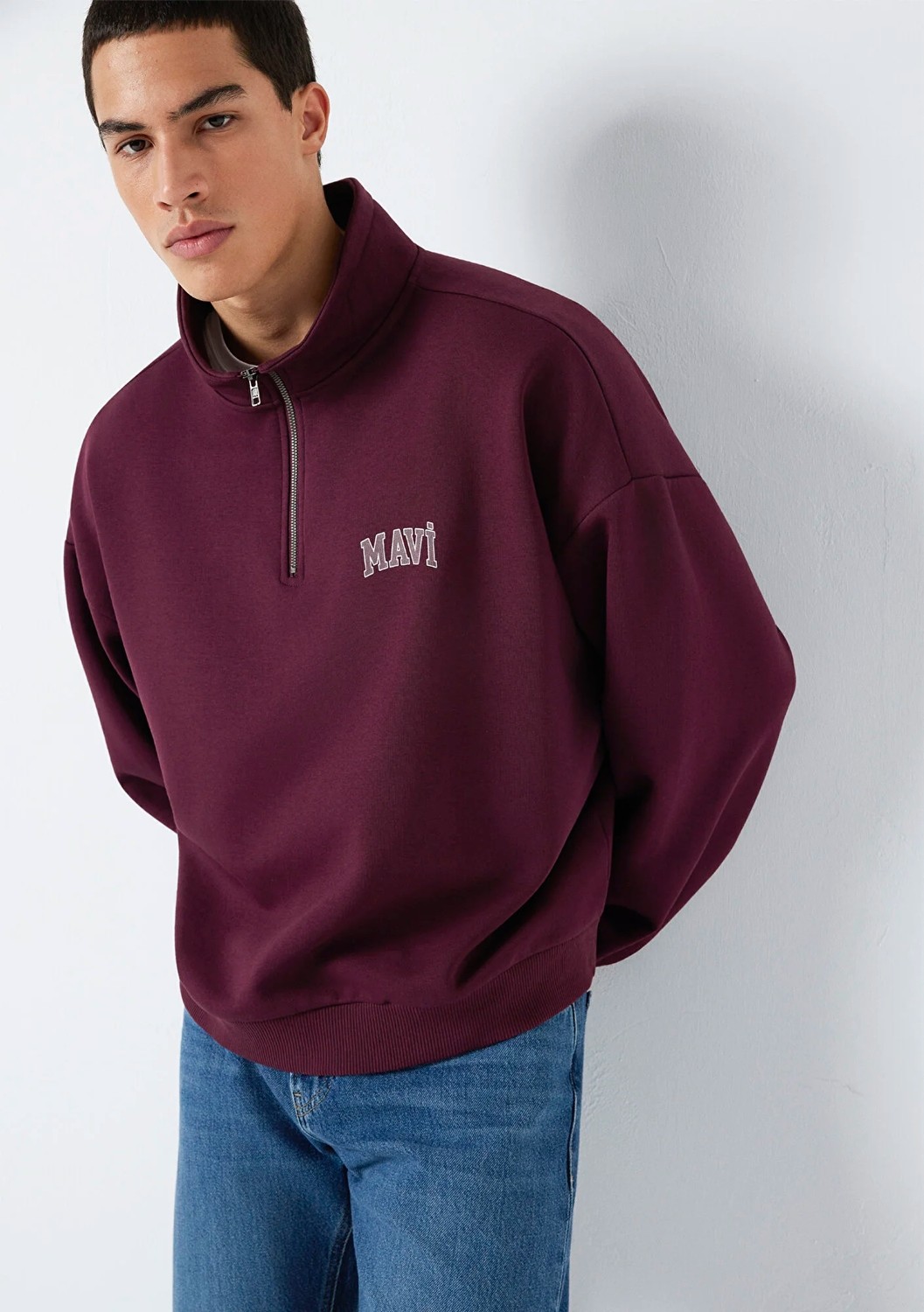 Mavi Logo Baskılı Yarı Fermuarlı Bordo Sweatshirt 0S10208-70434