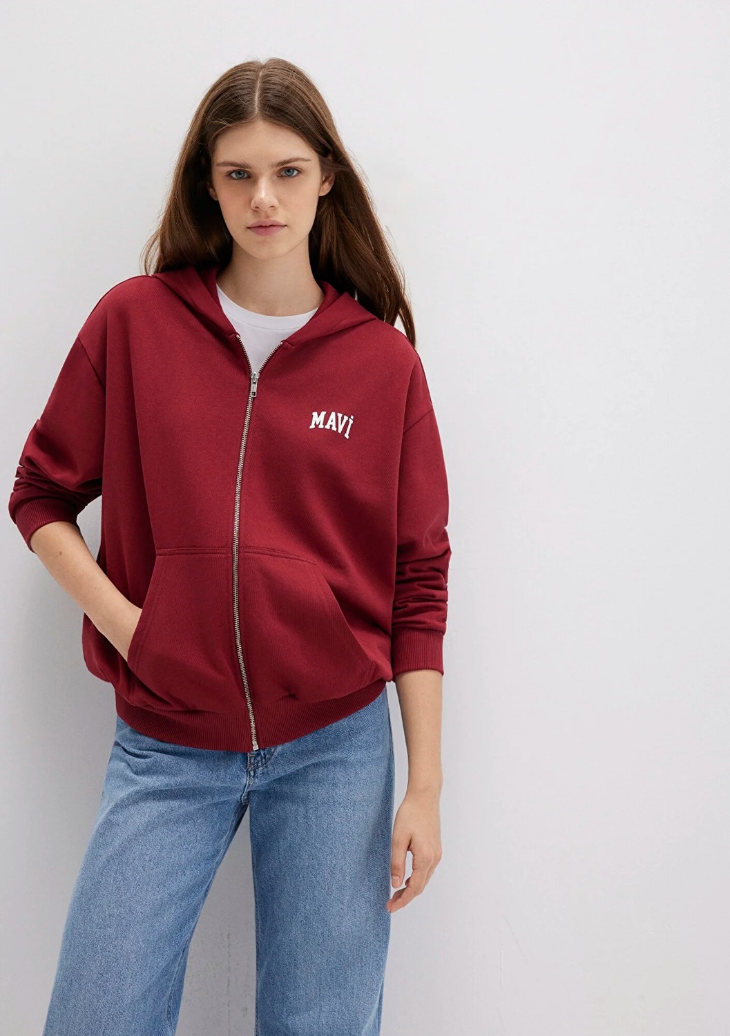 Mavi Logo Baskılı Kapüşonlu Fermuarlı Bordo Sweatshirt 1S10178-85493 görsel 2