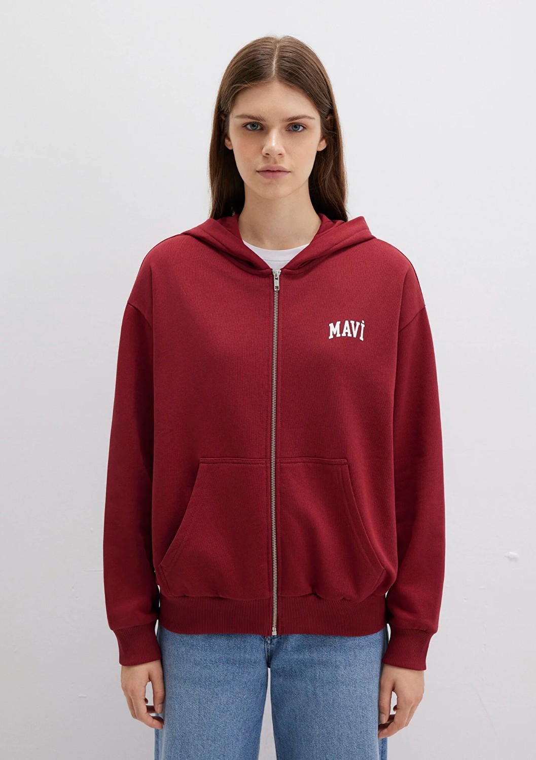 Mavi Logo Baskılı Kapüşonlu Fermuarlı Bordo Sweatshirt 1S10178-85493 görsel 3