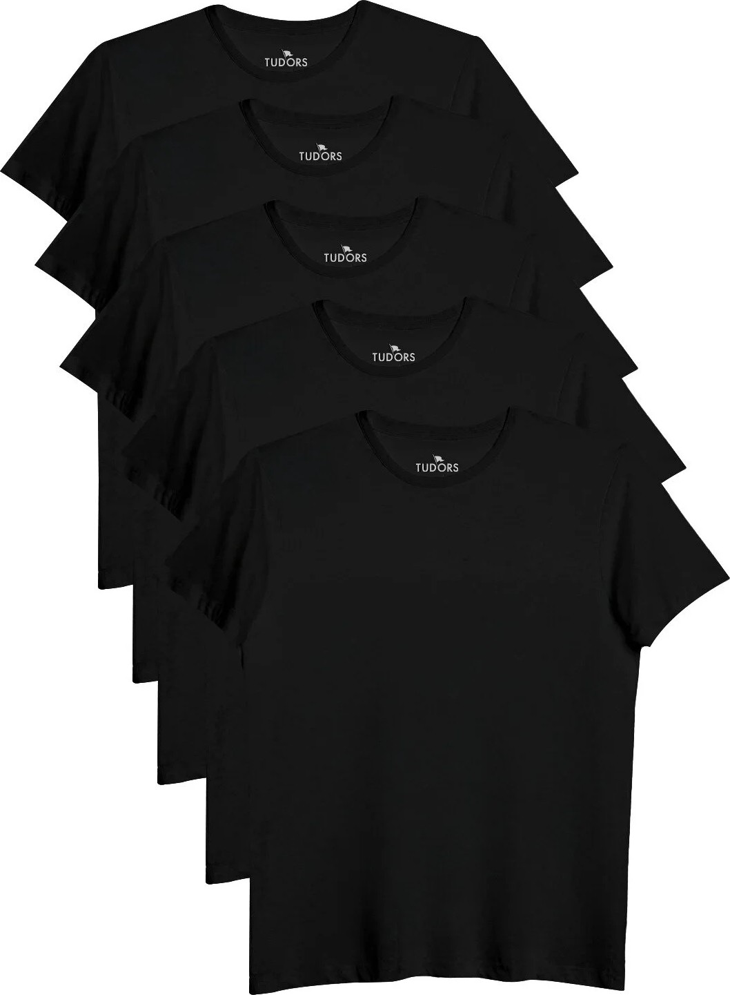 Tudors Unisex 5'li Paket Siyah Slim Fit Dar Kesim %100 Pamuk Bisiklet Yaka Tişört