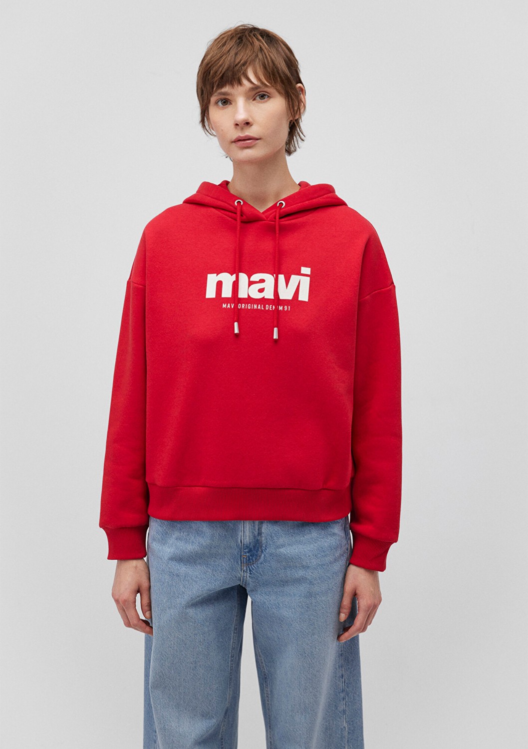 Mavi Logo Baskılı Kapüşonlu Kırmızı Sweatshirt 168334-35476 görsel 3