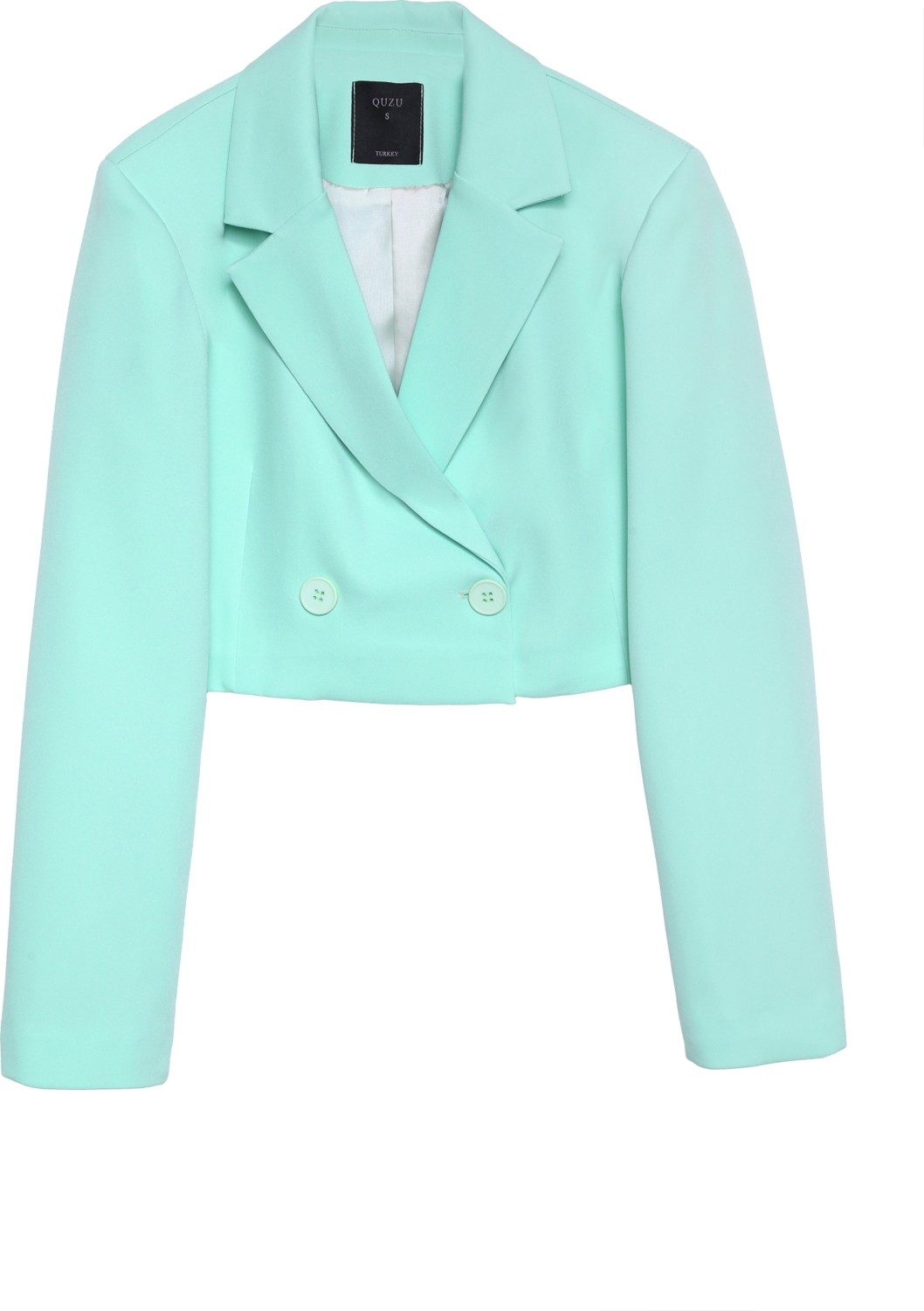 Quzu Kadın Kruvaze Crop Blazer Ceket Lacivert Dokuma Cepli Stil Casual