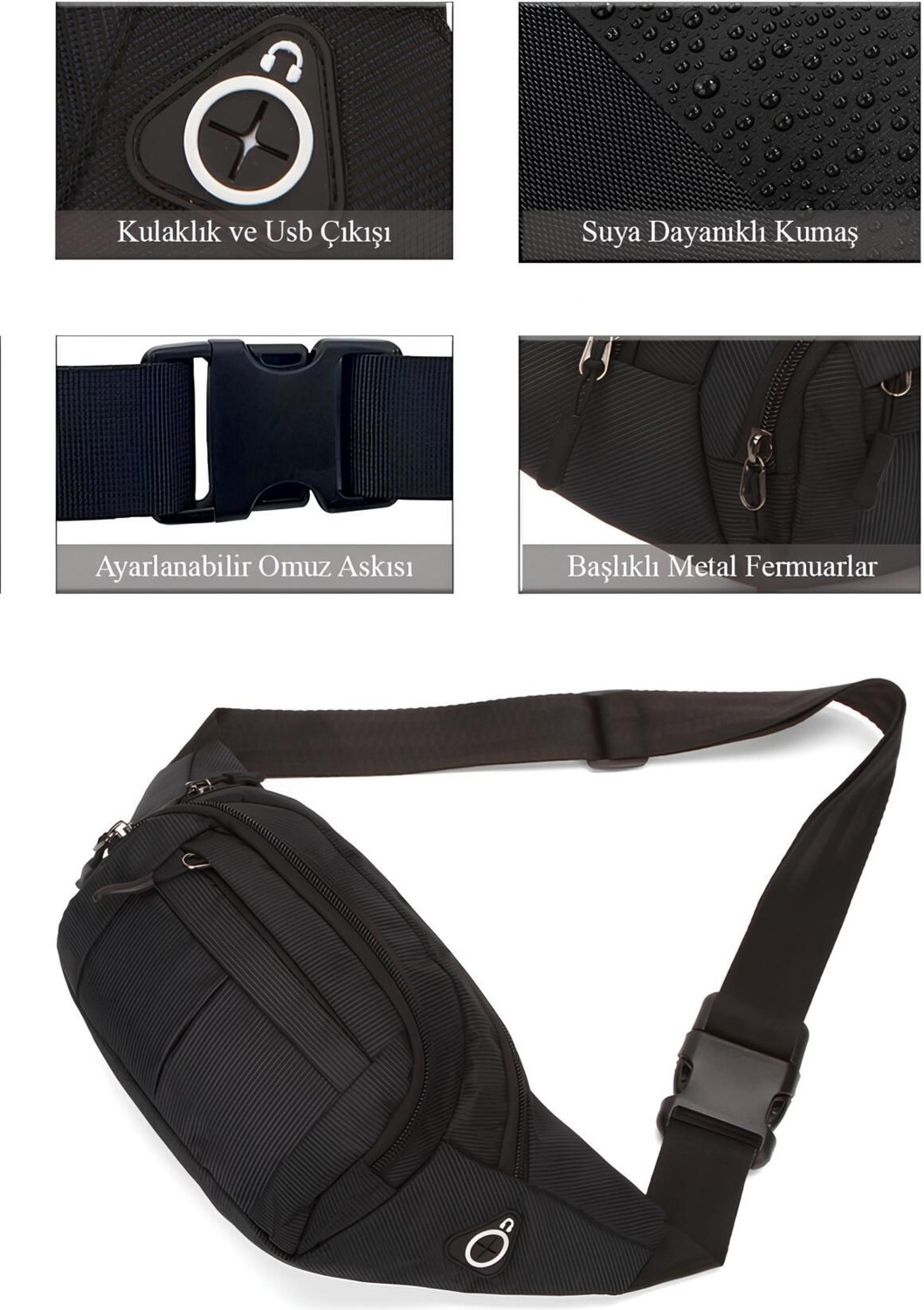 Avca Siyah Unisex Suya Dayanıklı Çapraz Askılı Omuz Bel Çanta Günlük Yürüyüş Koşu Outdoor Çanta görsel 3