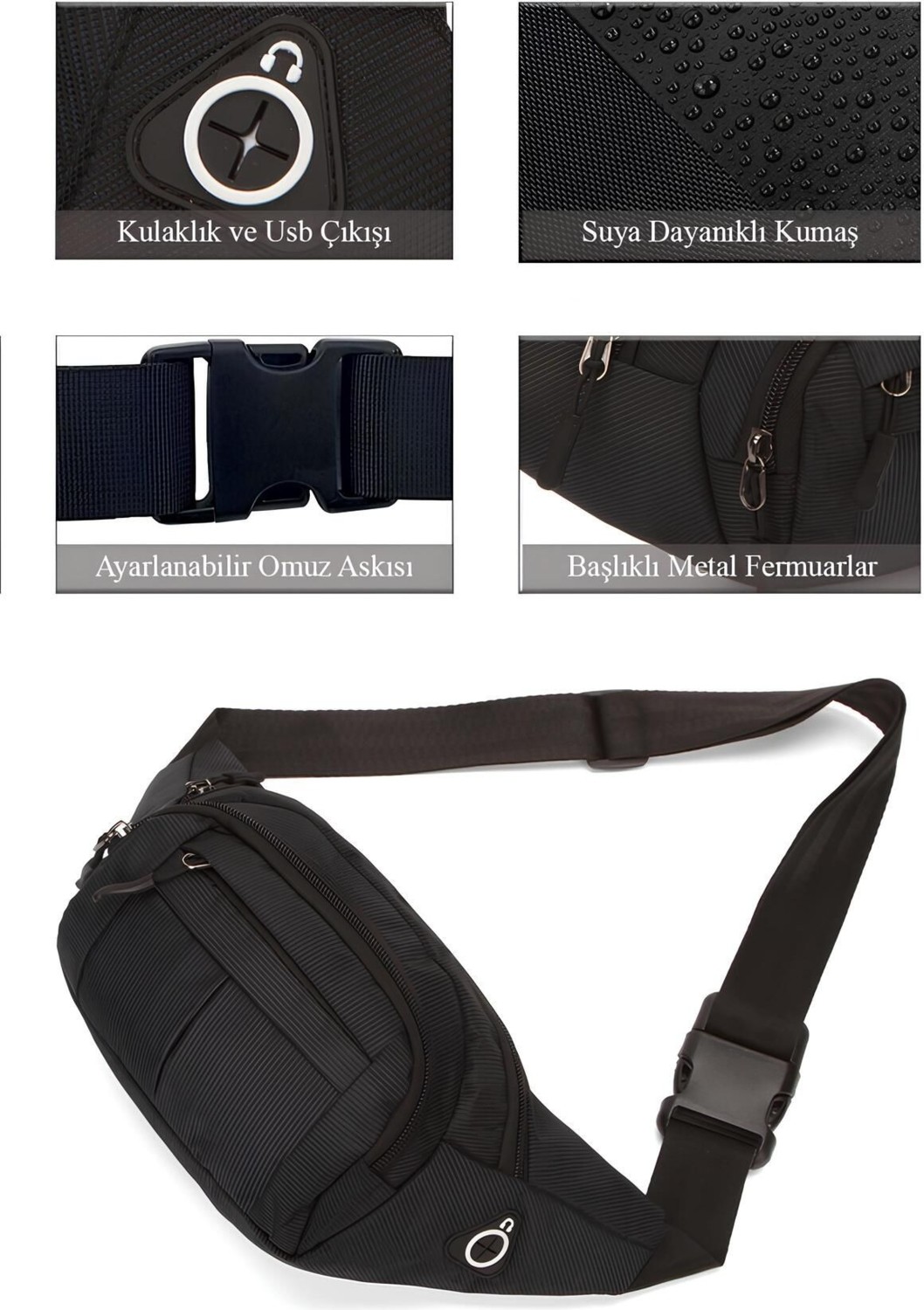 Av A Dos Siyah Unisex Suya Dayanıklı Çapraz Askılı Omuz Bel Çanta Günlük Yürüyüş Koşu Outdoor Çanta görsel 5