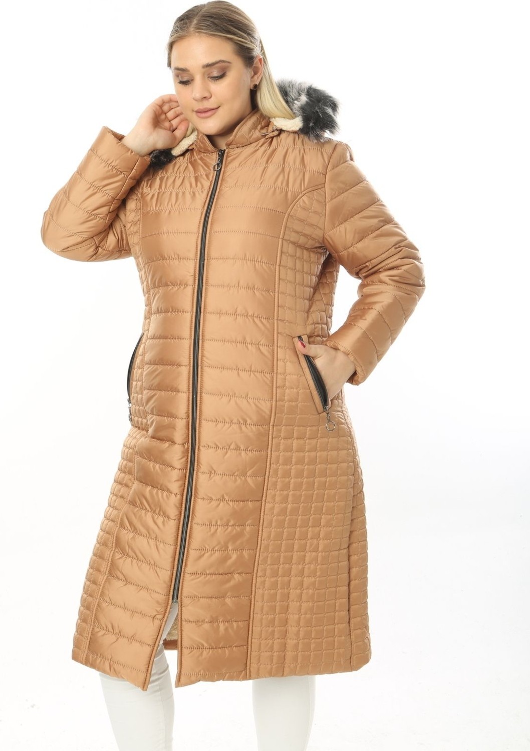 TUTveAL Collection Kadın Hardal Içi Kürklü Mont Uzun Kapitone Mont Kapüşonlu Büyük Beden Mont görsel 4