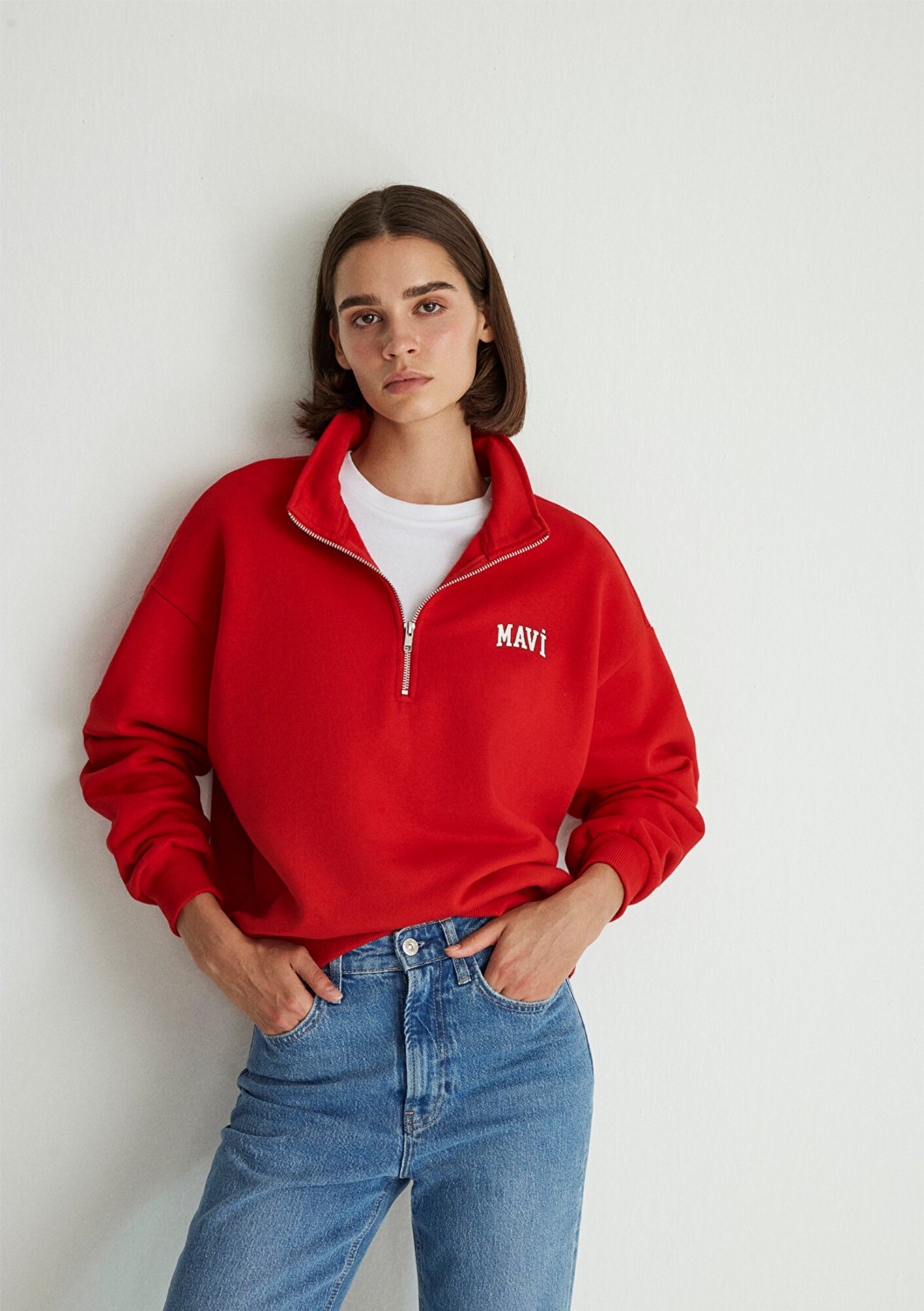 Mavi Logo Baskılı Yarı Fermuarlı Kırmızı Sweatshirt 1S10179-86417
