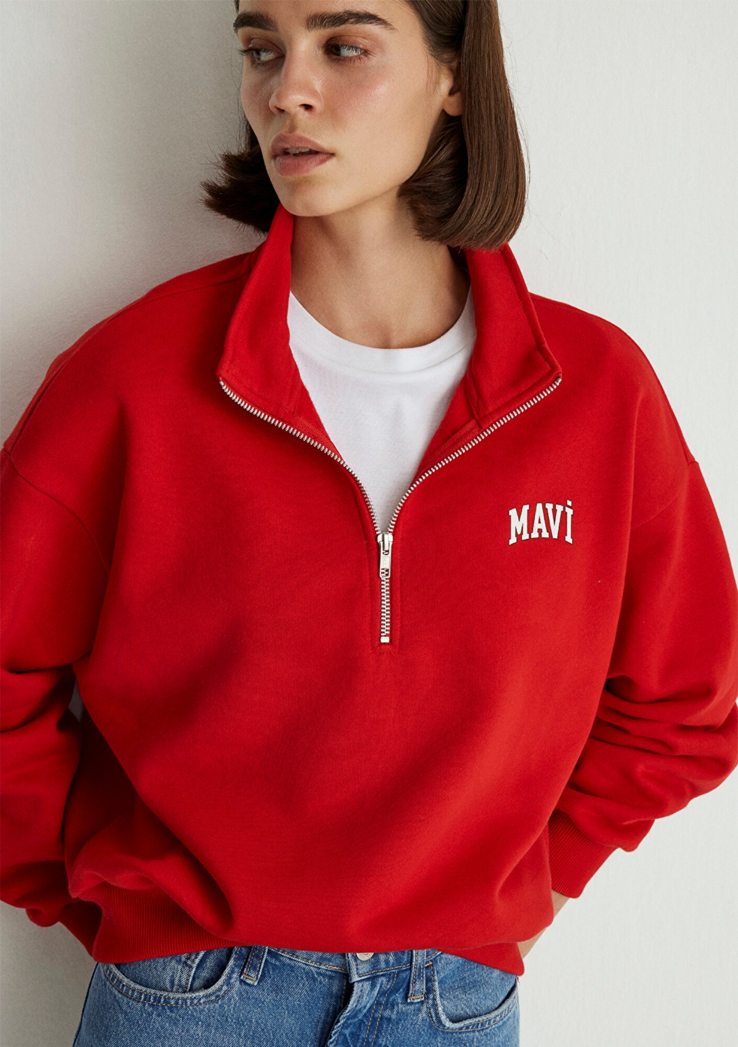 Mavi Logo Baskılı Yarı Fermuarlı Kırmızı Sweatshirt 1S10179-86417 görsel 5