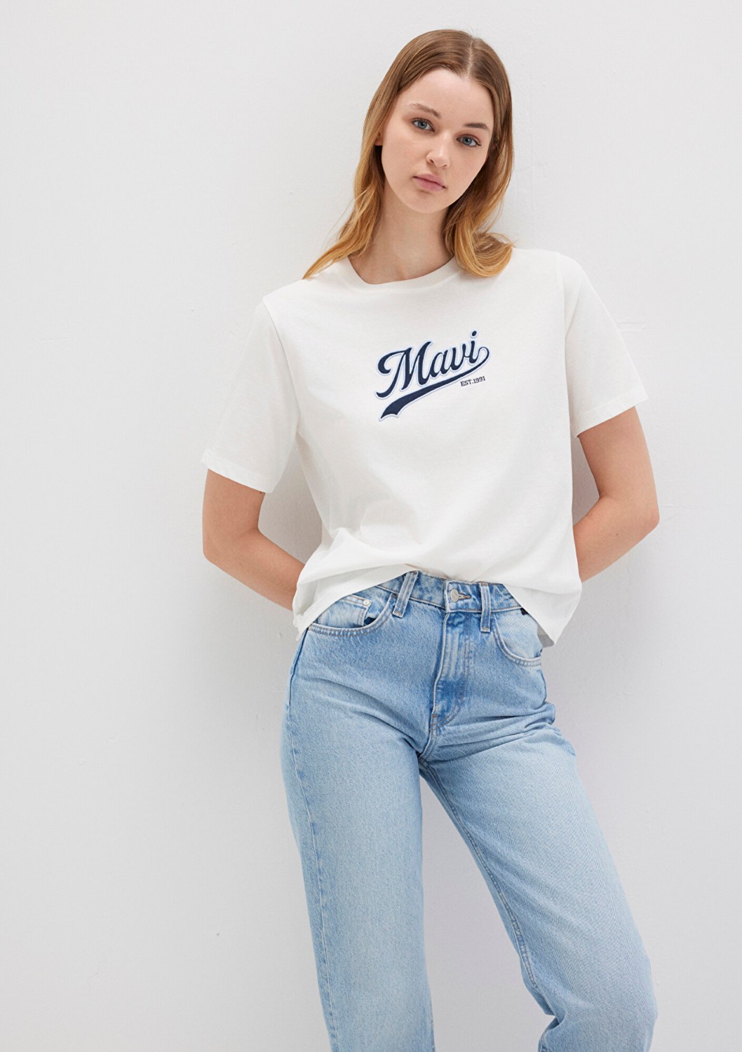 Mavi Logo Baskılı Ekru Tişört 1613565-80194 görsel 8
