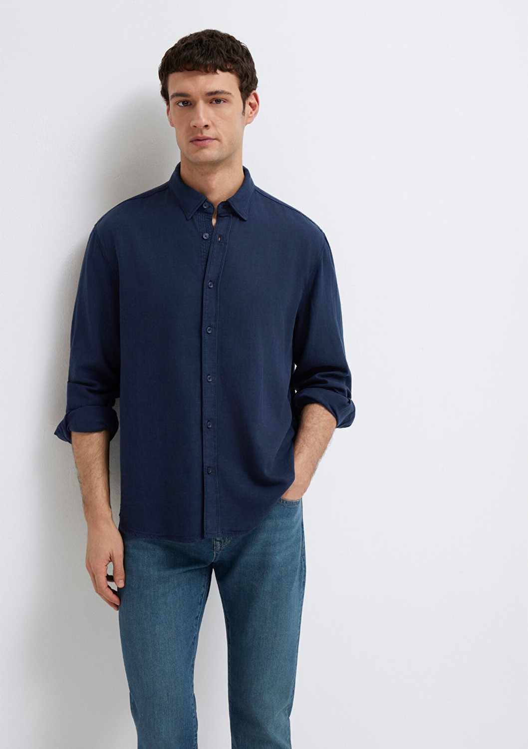 Mavi Keten Karışımlı Lacivert (TENCEL™) Liyosel Gömlek 0211482-70490