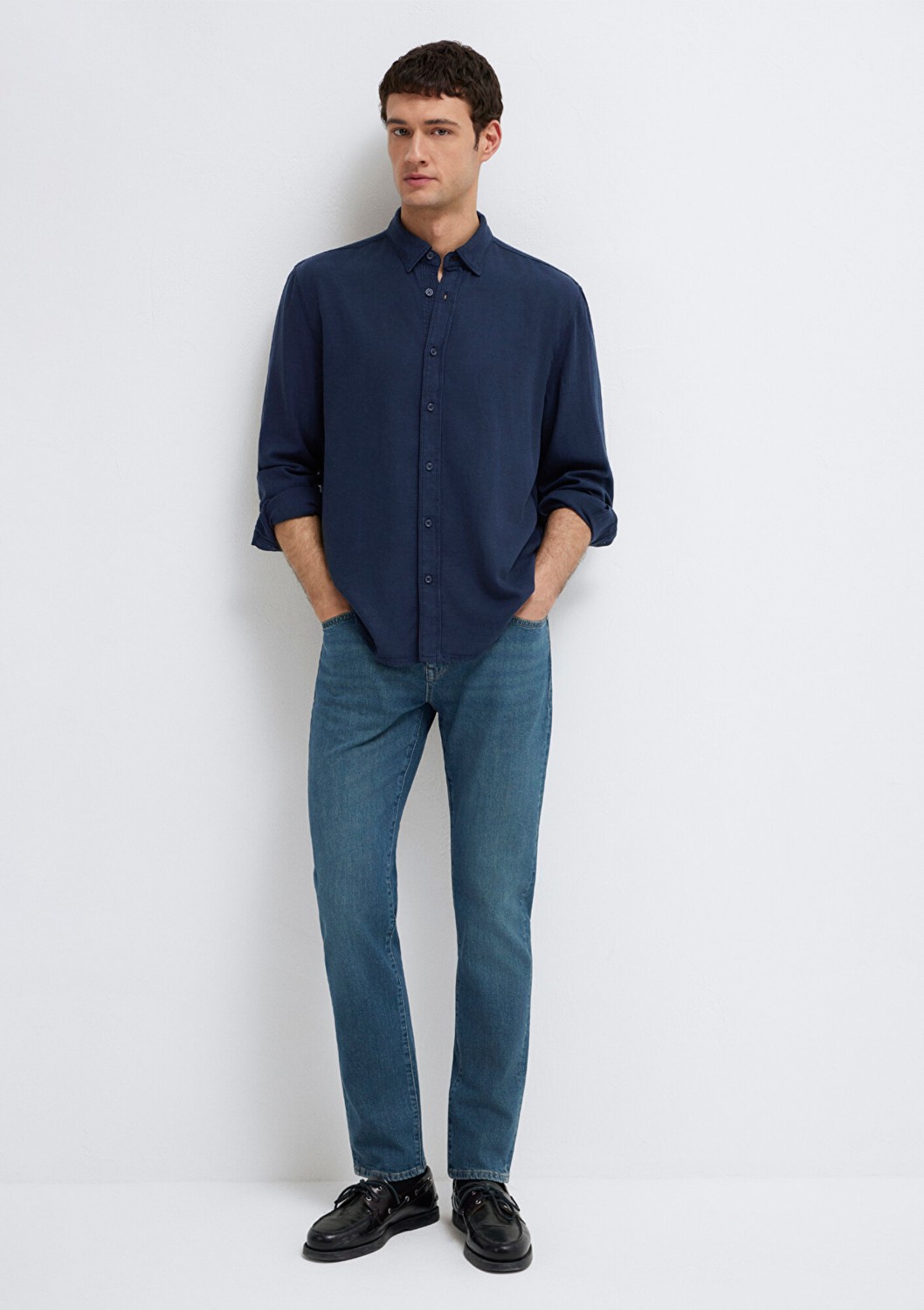 Mavi Keten Karışımlı Lacivert (TENCEL™) Liyosel Gömlek 0211482-70490 görsel 2