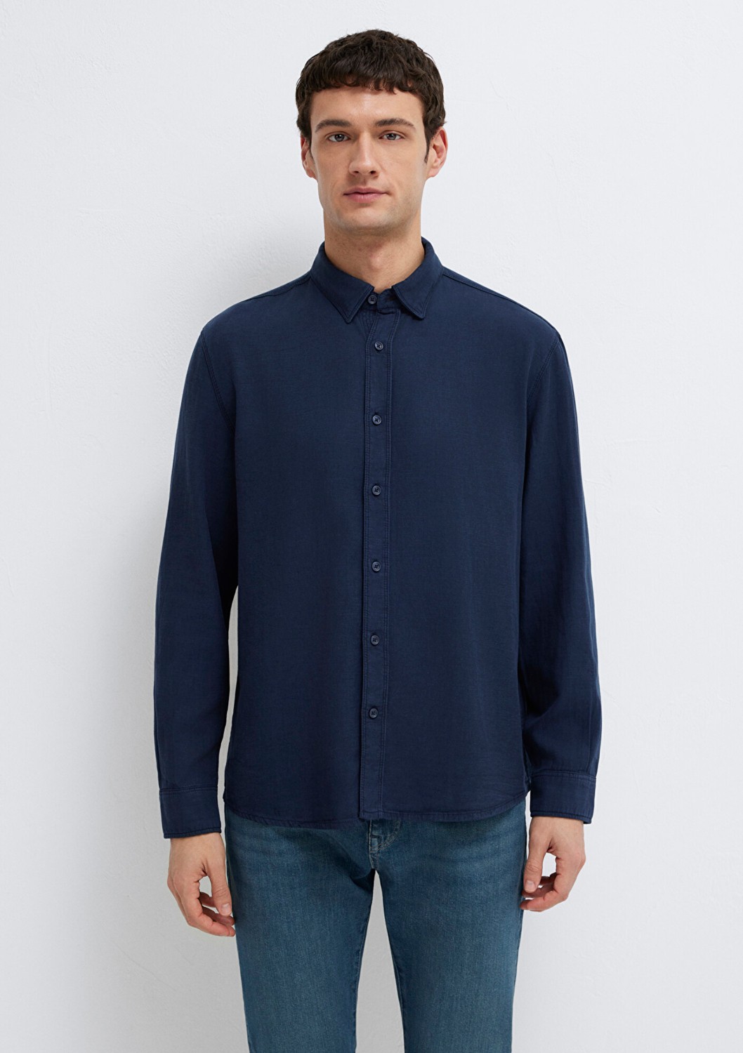 Mavi Keten Karışımlı Lacivert (TENCEL™) Liyosel Gömlek 0211482-70490 görsel 3