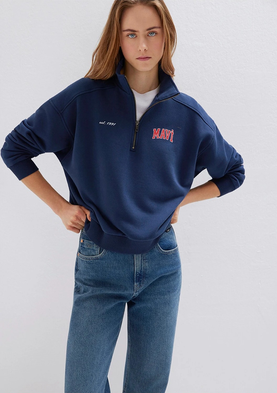 Mavi Logo Baskılı Yarı Fermuarlı Lacivert Sweatshirt 1S10373-70488