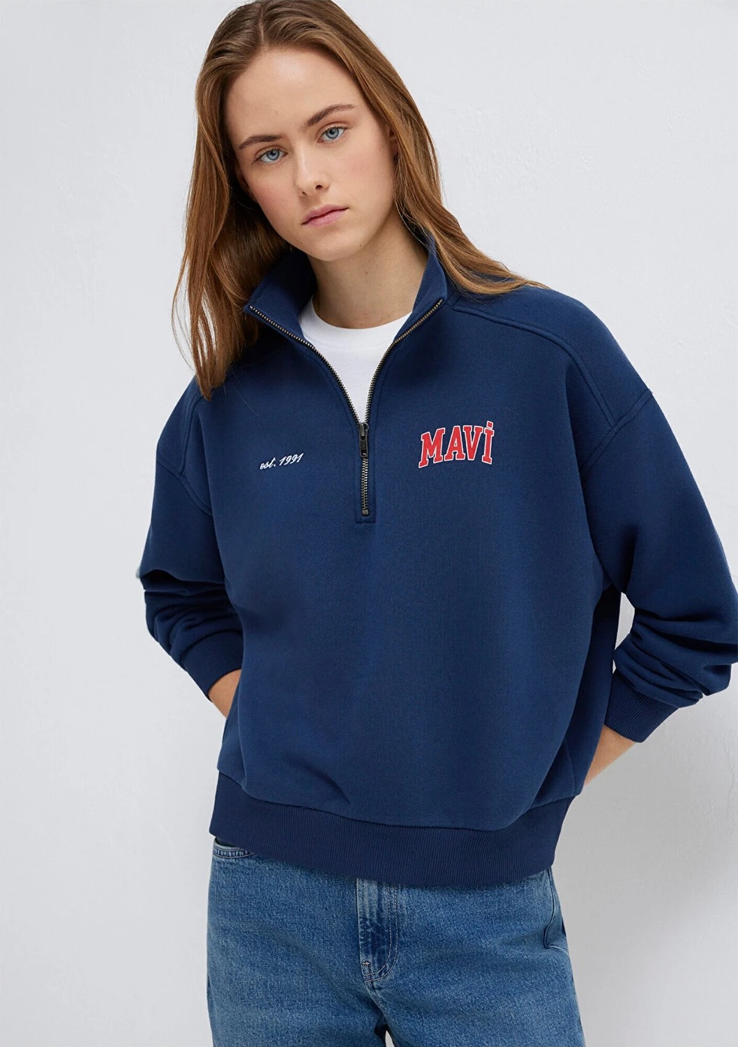 Mavi Logo Baskılı Yarı Fermuarlı Lacivert Sweatshirt 1S10373-70488 görsel 2