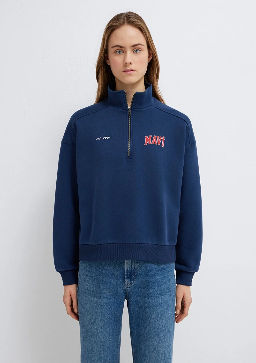 Mavi Logo Baskılı Yarı Fermuarlı Lacivert Sweatshirt 1S10373-70488 görsel 3