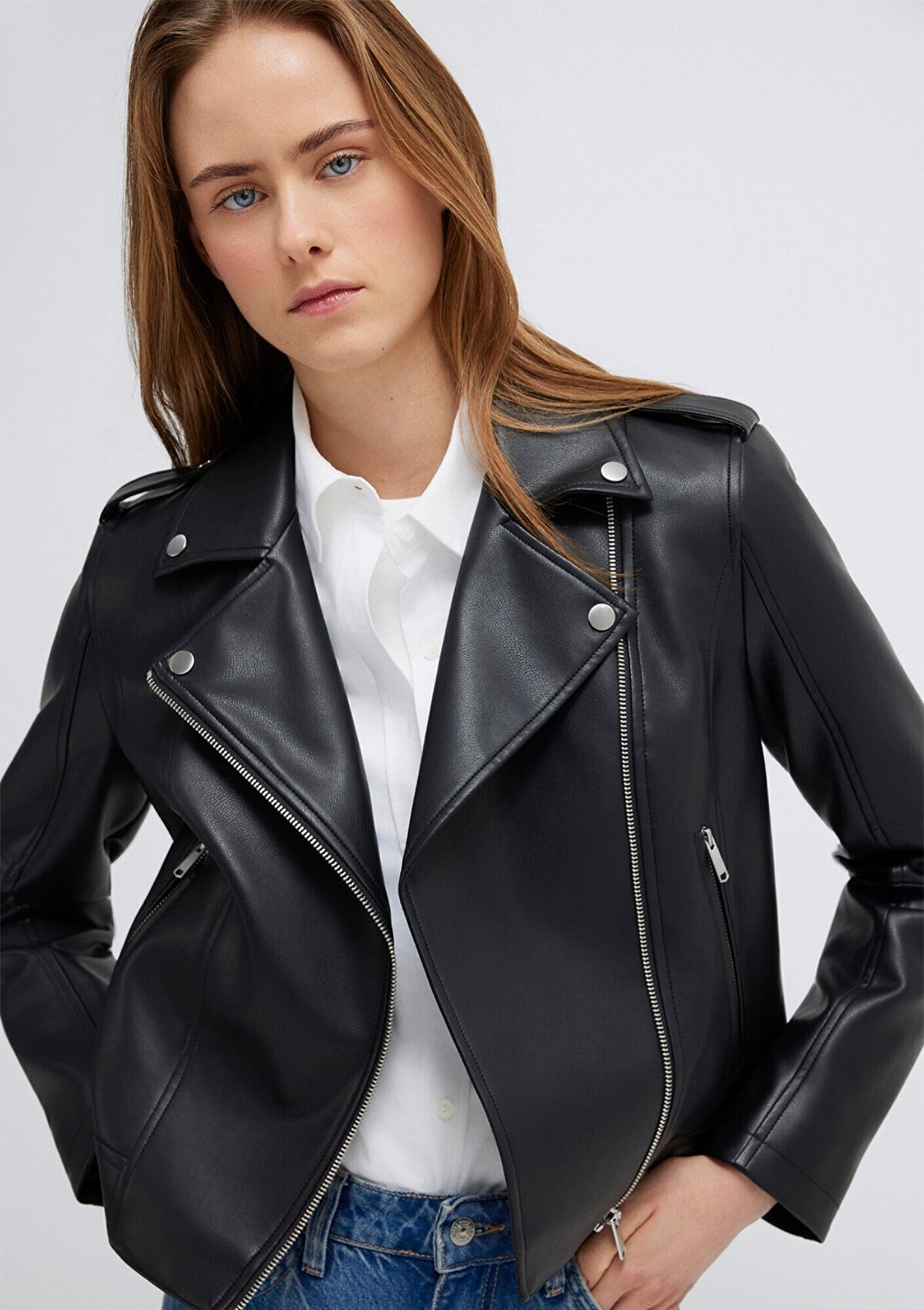 Mavi Biker Yaka Siyah Suni Deri Ceket 1110221-900