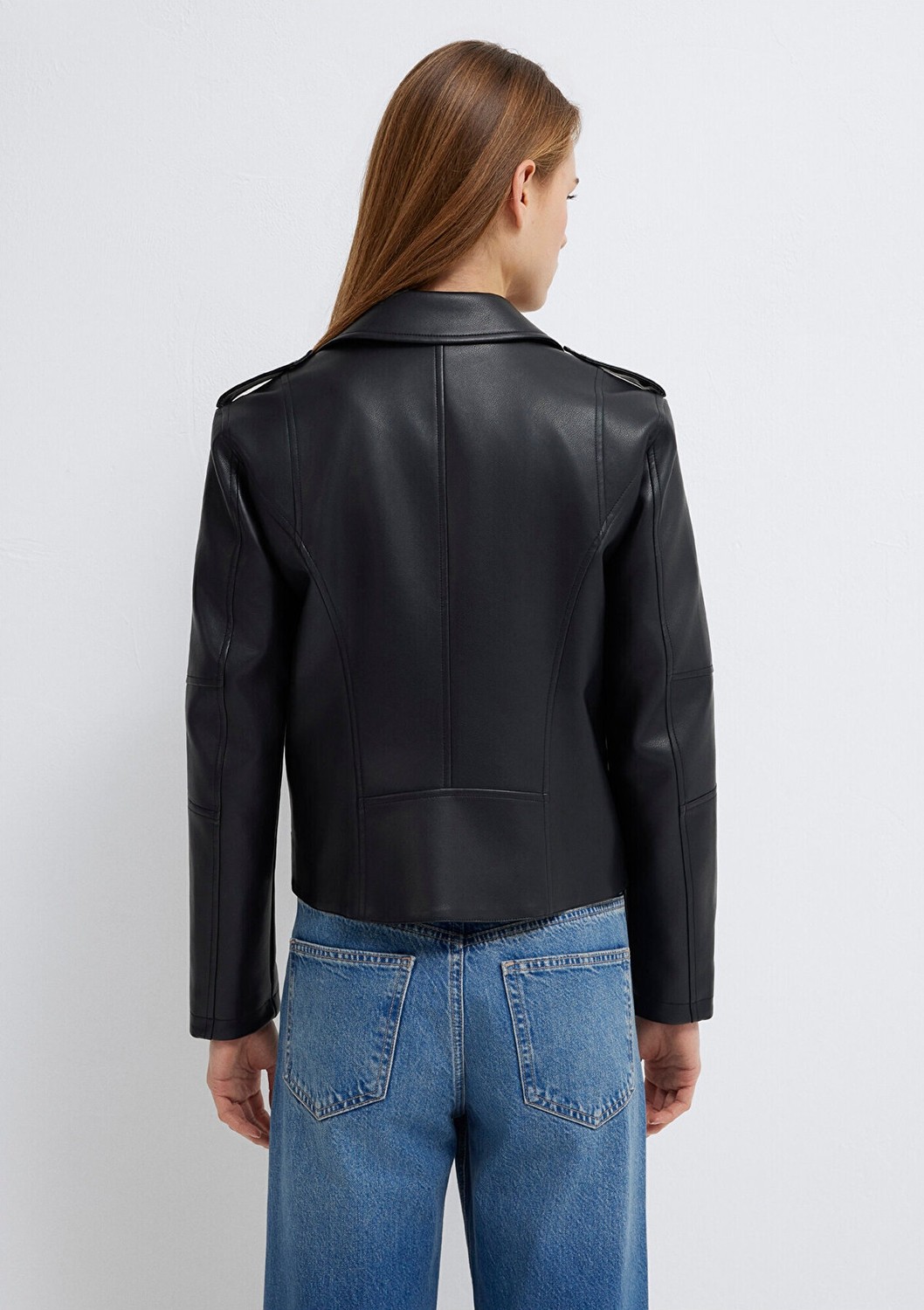 Mavi Biker Yaka Siyah Suni Deri Ceket 1110221-900 görsel 6