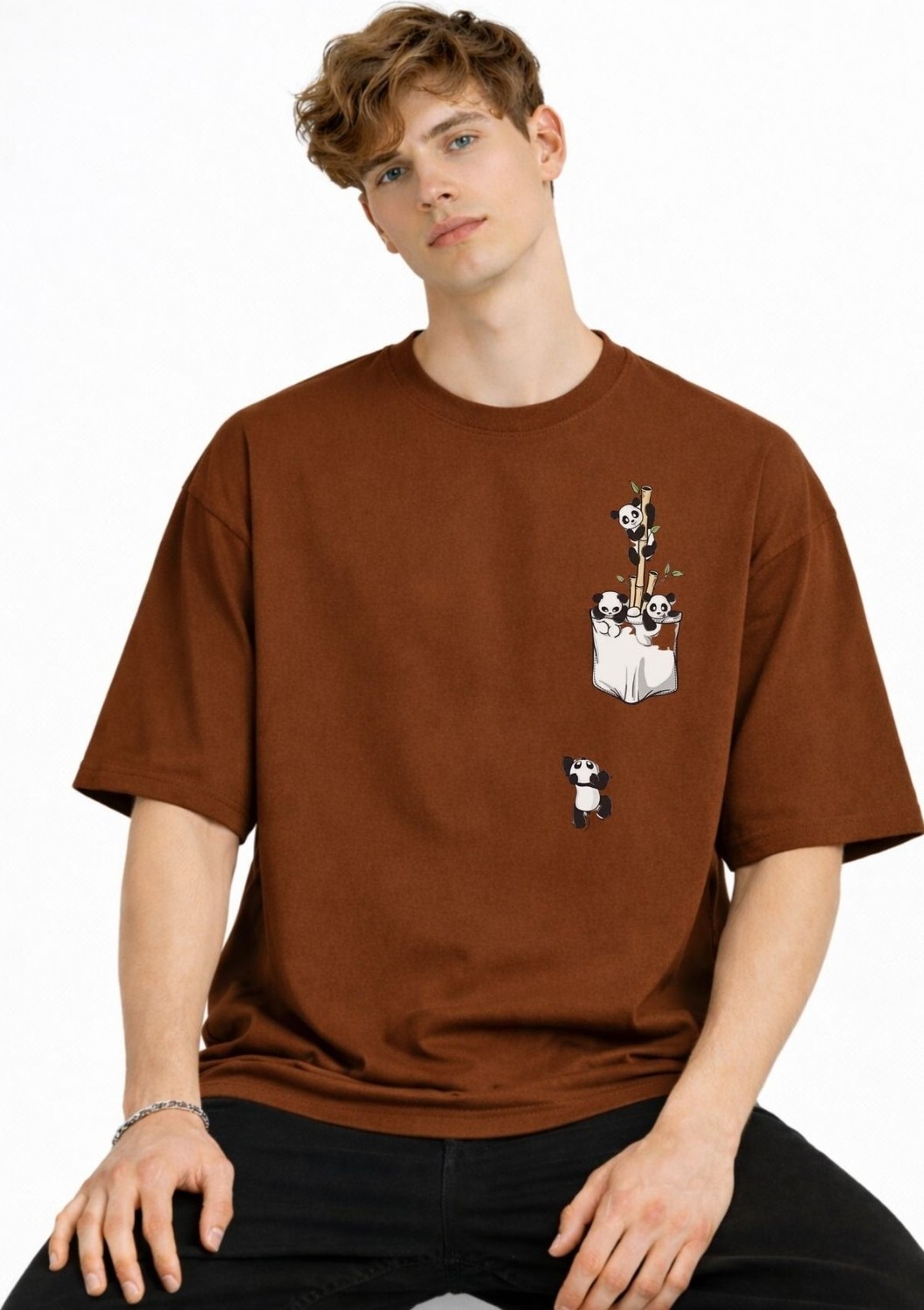 TeknoKapsül Panda - Baskılı Oversize Tişört Kahve