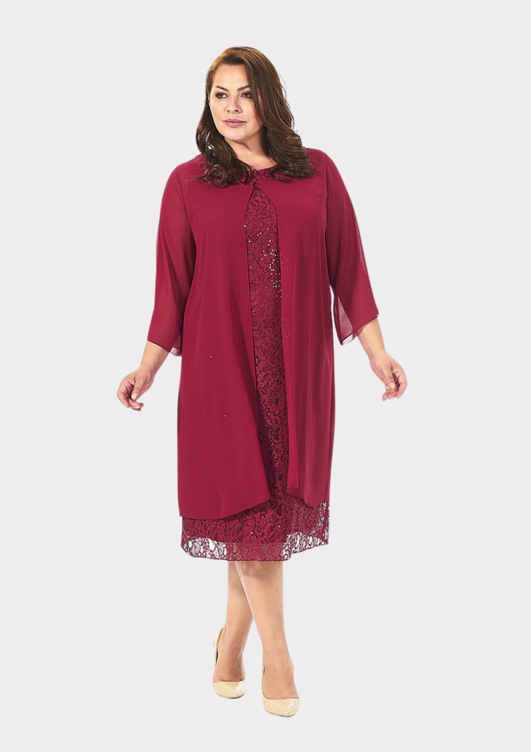 Lilas Xxl Büyük Beden Bordo Renkli Dantelli Dantelli Şifon Ceketli Abiye Elbise