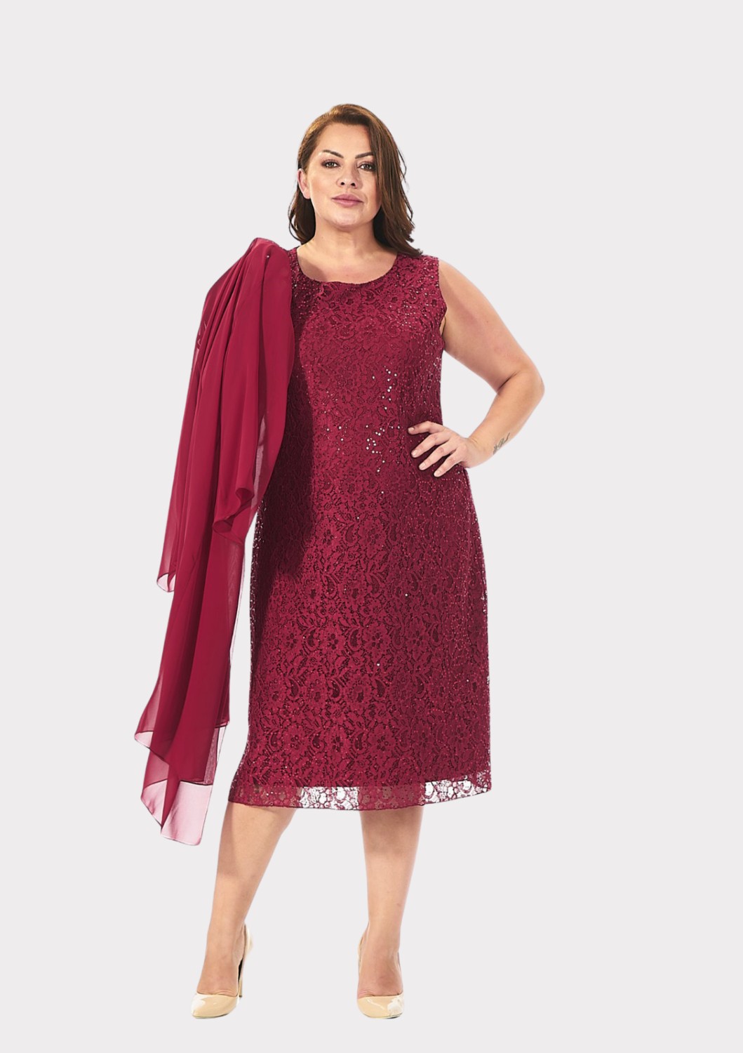 Lilas Xxl Büyük Beden Bordo Renkli Dantelli Dantelli Şifon Ceketli Abiye Elbise görsel 2