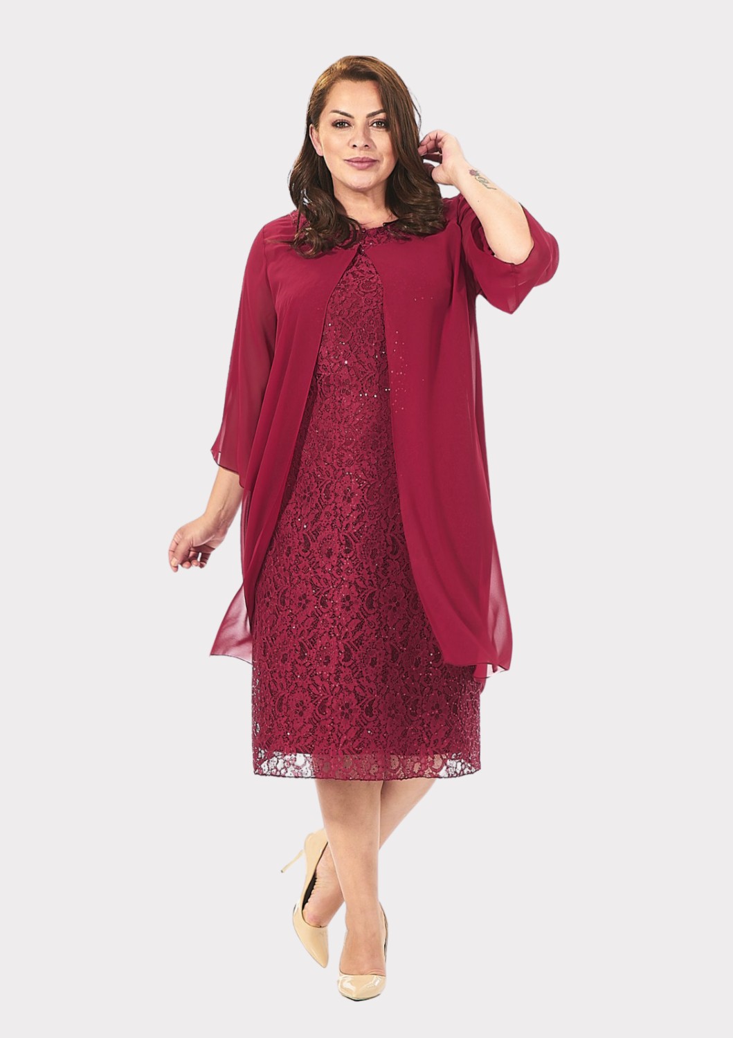 Lilas Xxl Büyük Beden Bordo Renkli Dantelli Dantelli Şifon Ceketli Abiye Elbise görsel 3