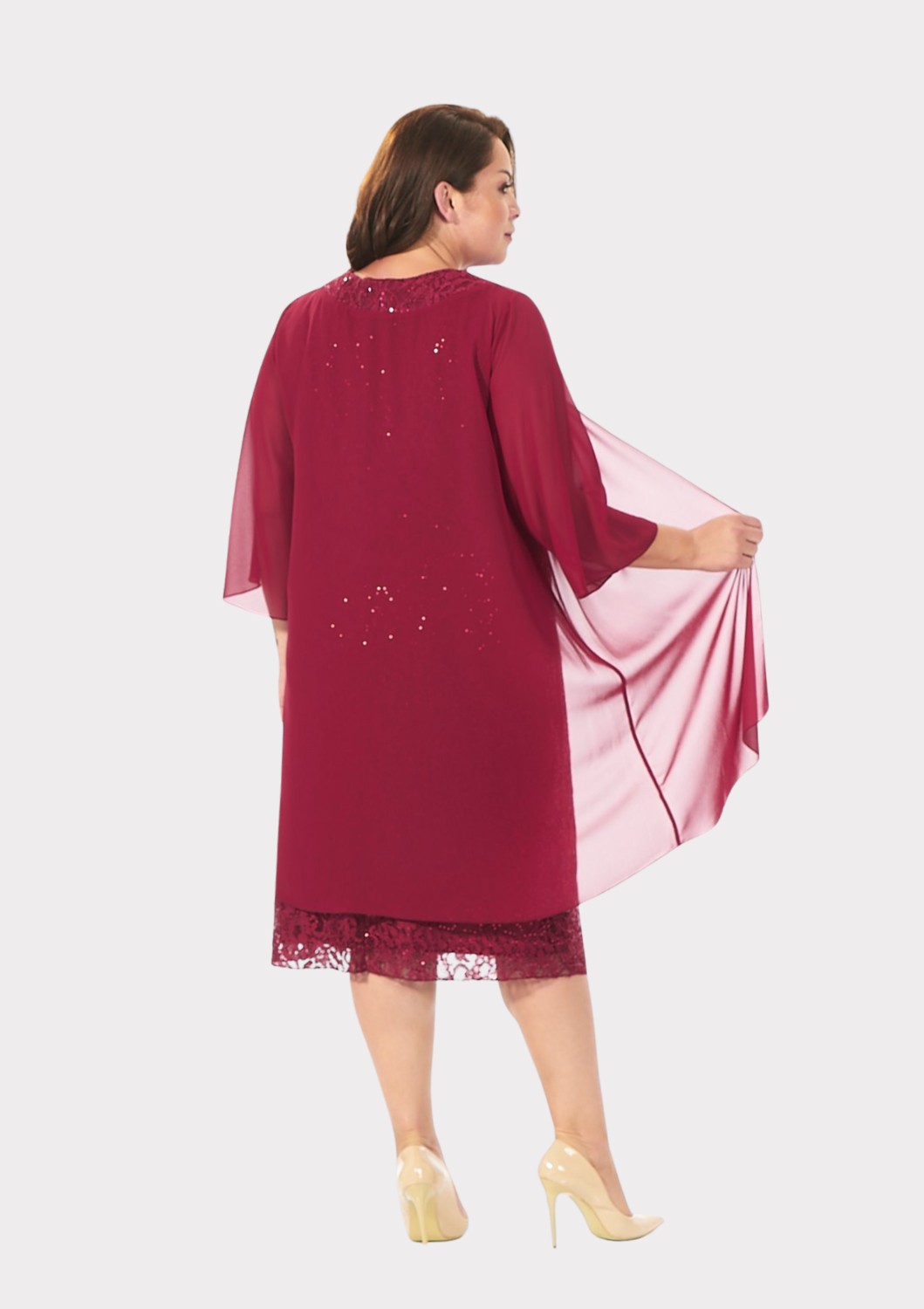 Lilas Xxl Büyük Beden Bordo Renkli Dantelli Dantelli Şifon Ceketli Abiye Elbise görsel 4