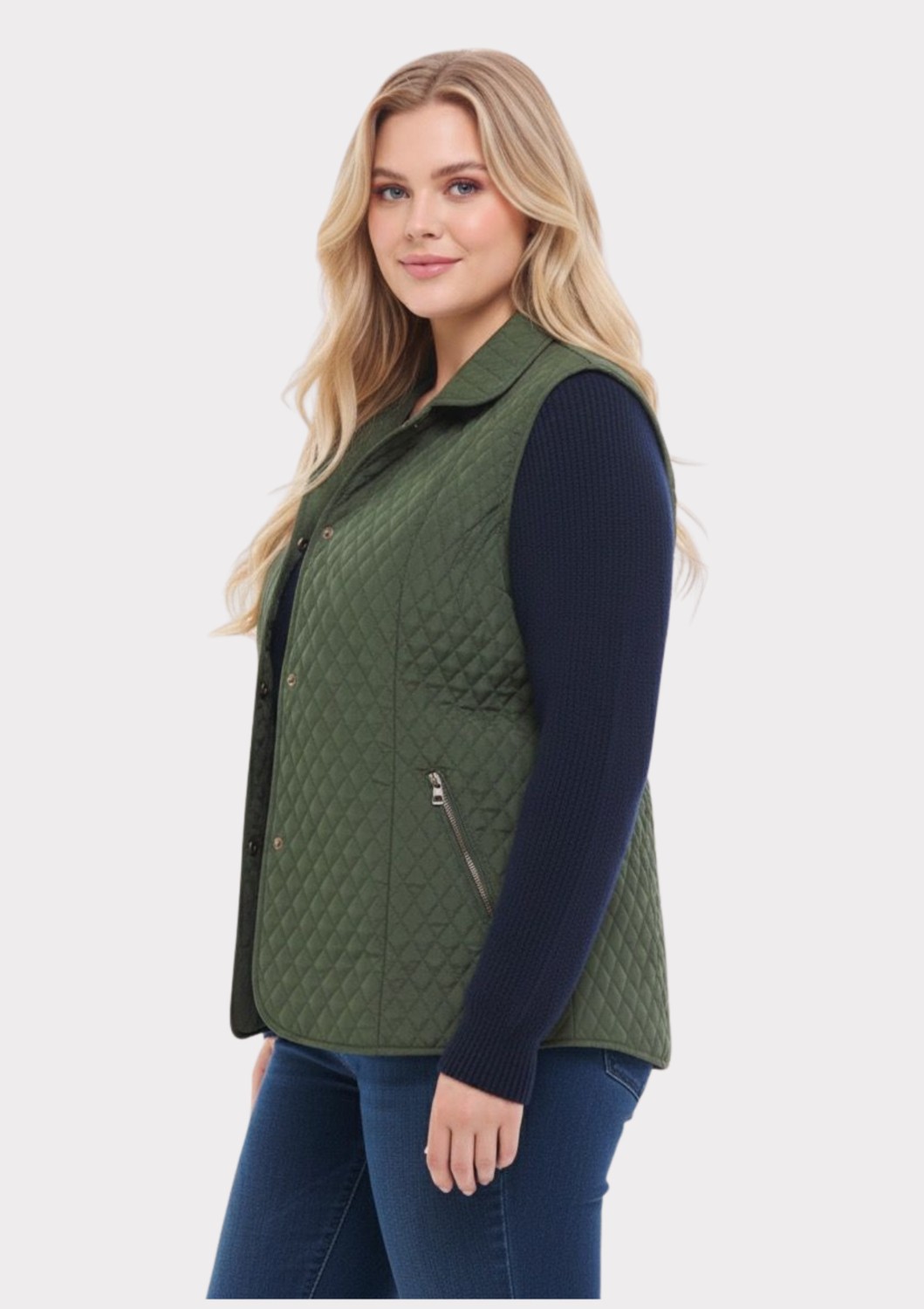 Lilas Xxl Büyük Beden Polo Yaka Yeşil Renkli Kapitone Yelek görsel 2
